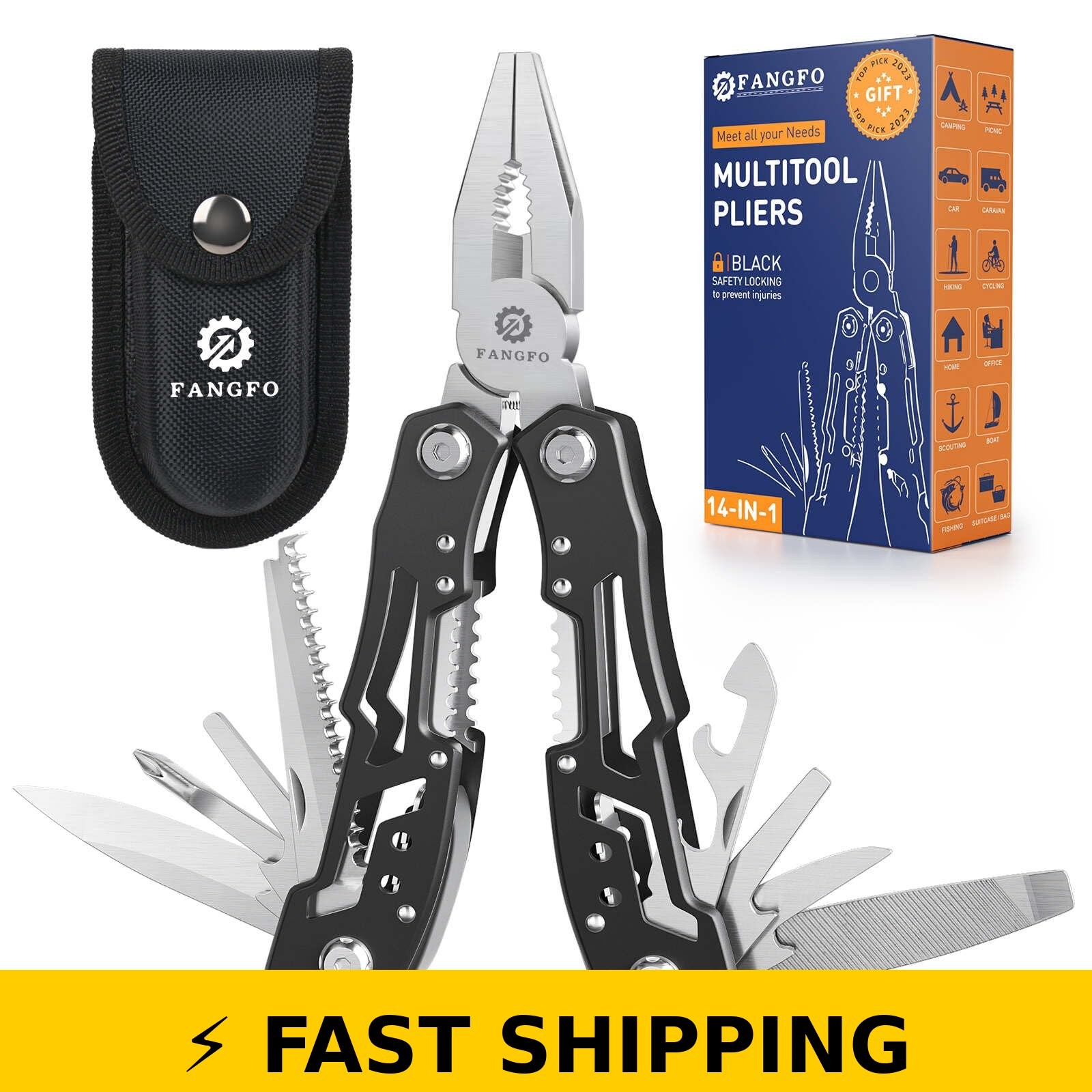 14-In-1 Fangfo Multitool with Safety Locking – Stainless Steel