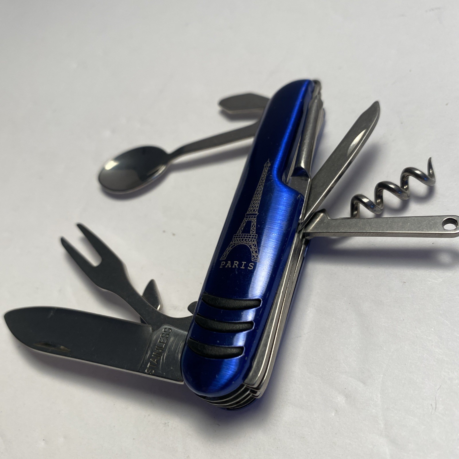 Eiffel Tower Paris Multi Tool SAK Blue Plastic Handle Spoon Fork Knife Corkscrew