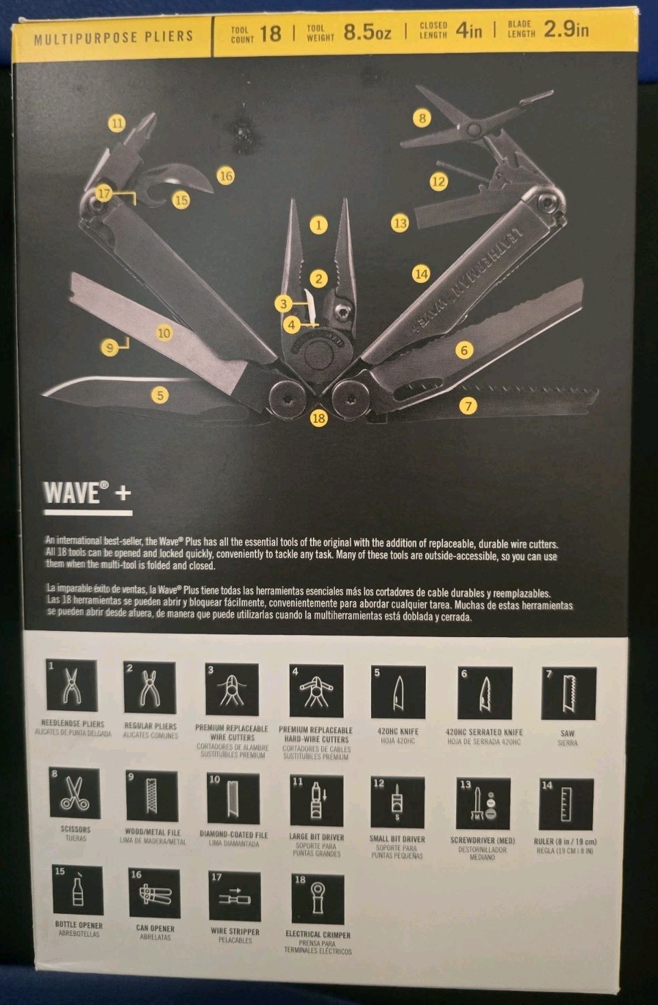 Leatherman Wave+ Black Multi-Tool 18 Tools Stainless Steel – No Sheath – NEW