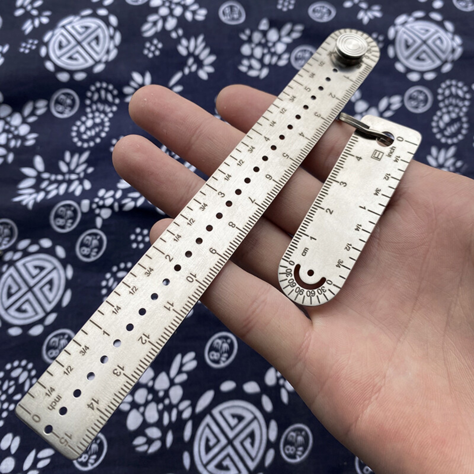 TC4 Titanium Alloy Ruler Compass Protractor Scale CM Inch Keychain Portable EDC