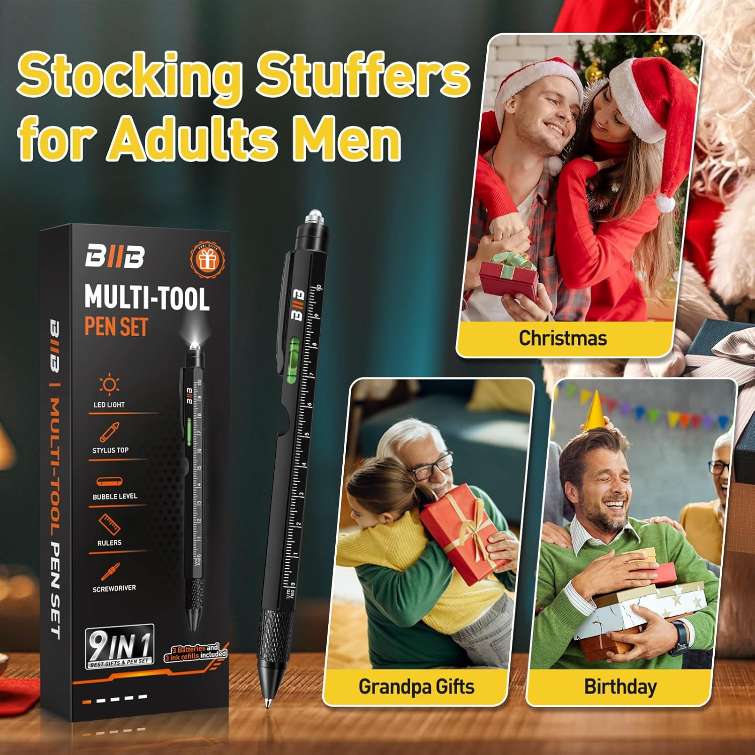 Gifts for Men, Stocking Stuffers for Men Teens Adults 9 in 1 Multitool Pen, Mens