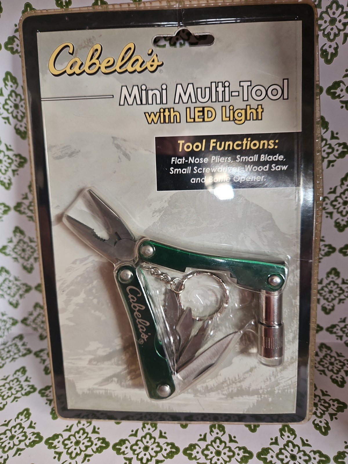 NIP Cabela’s Green Mini Multi-Tool Pliers Knife Tools LED Light & Case New