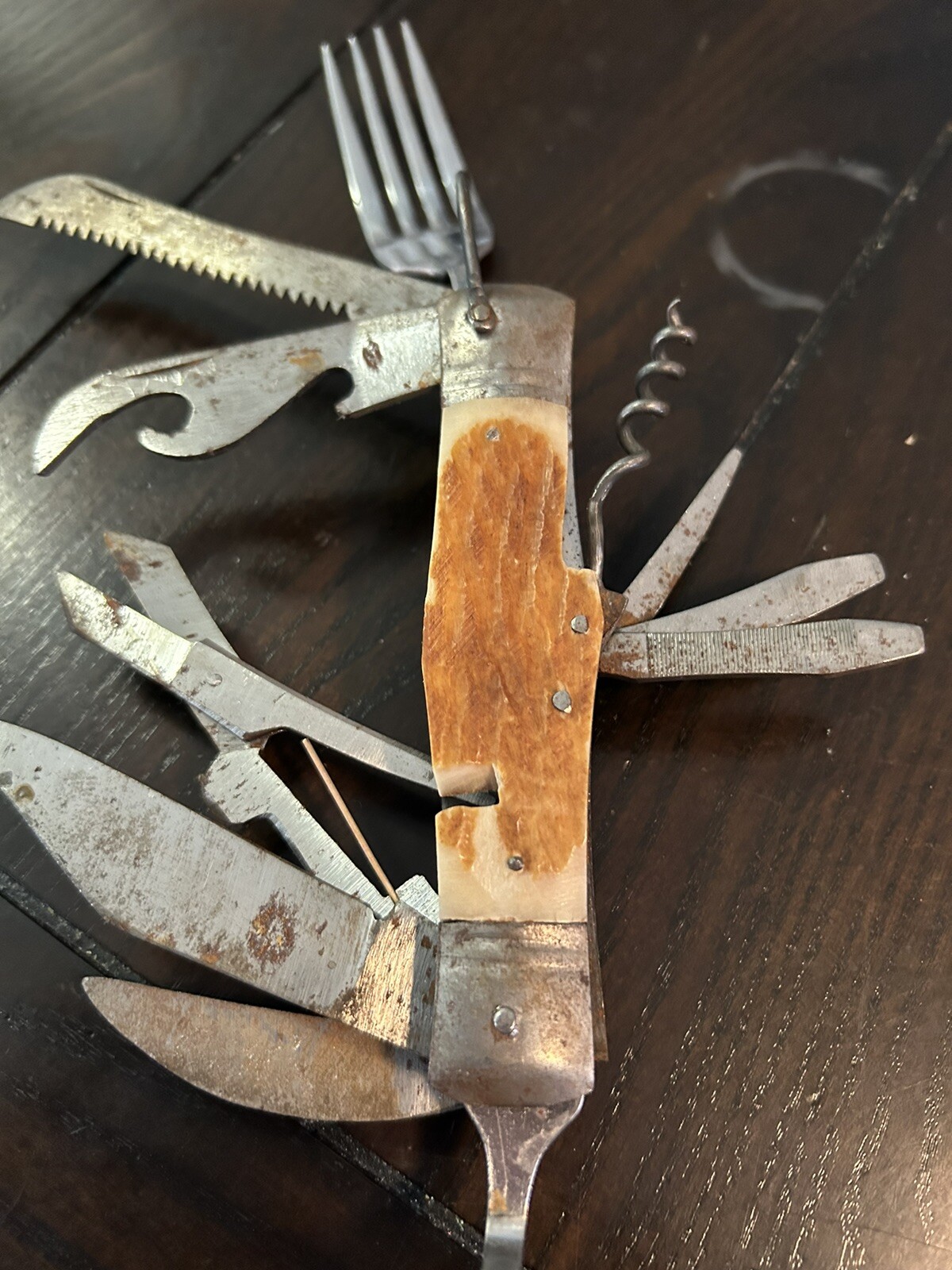 Vintage Pocket Knife 11 Multi Tool Hobo-Camping With Bone Handle