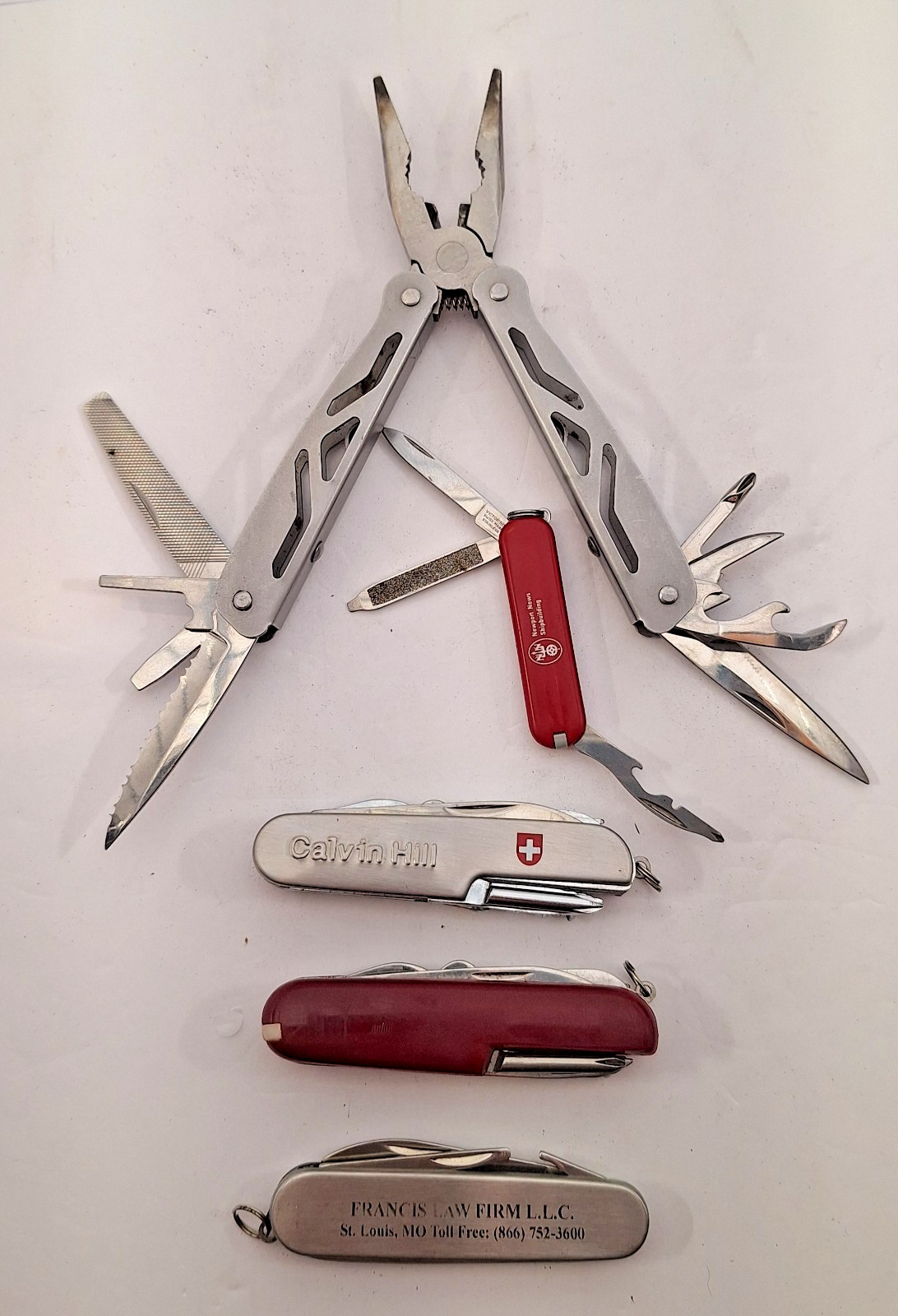 Set of Five Multitools, Many Functions, Includes a Victorinox Swiss Made