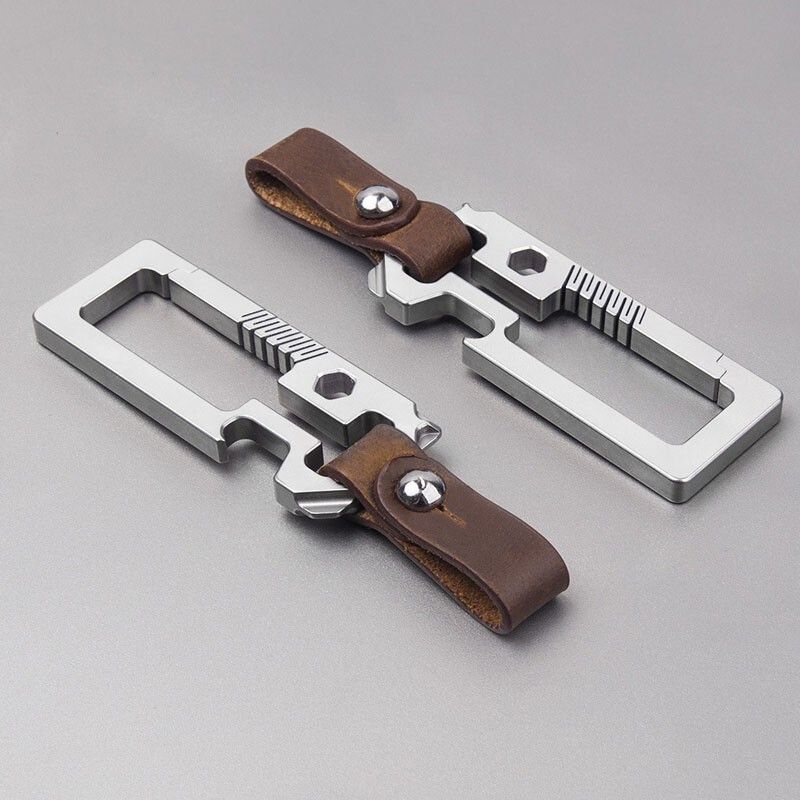 TC4 EDC Titanium Alloy + Leather Multi Tools Keychain Carabiner Car Key Pendant
