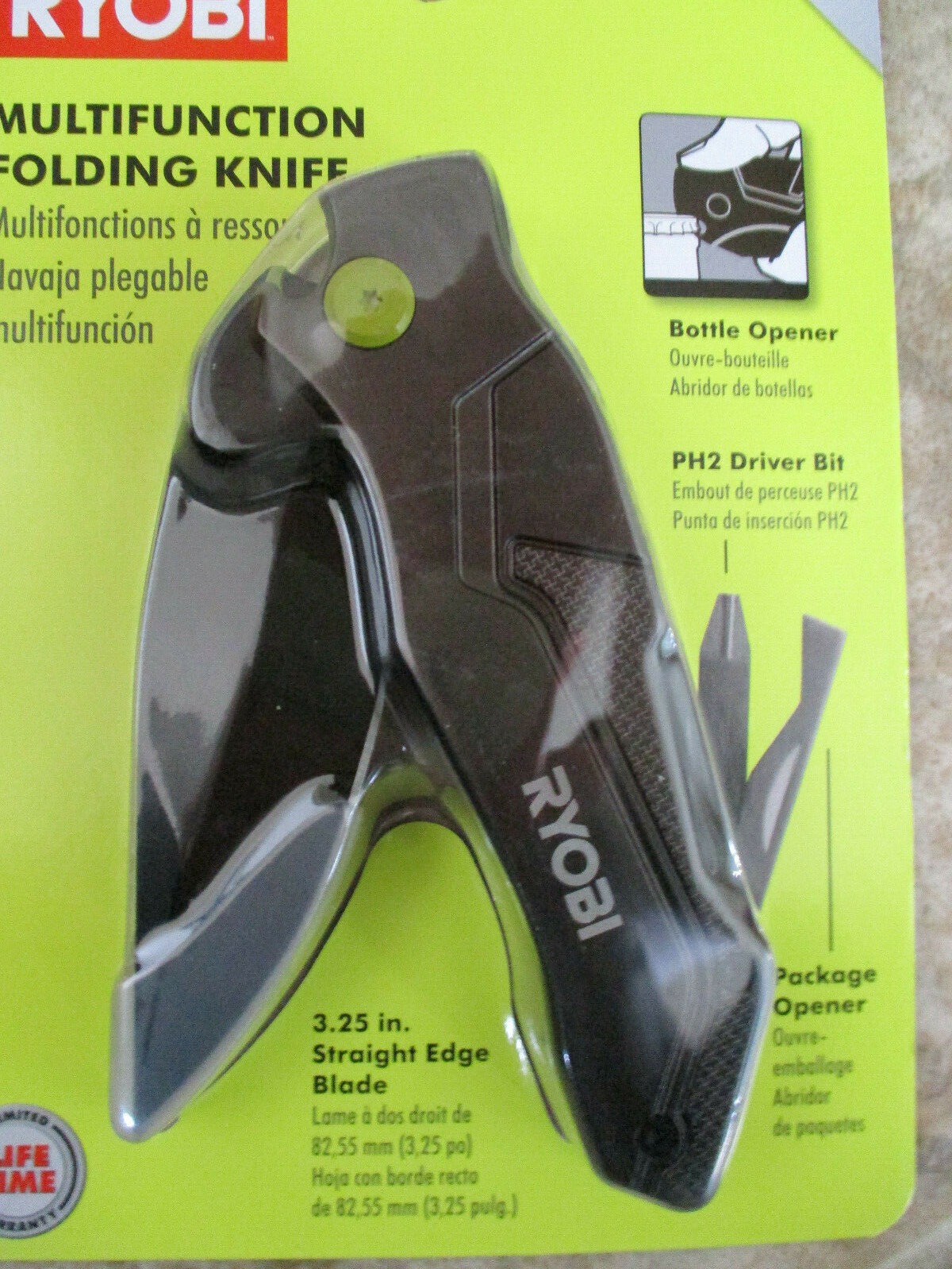Ryobi MultiFunction Folding Knife Stainless Steel Blade Package & Bottle Opener