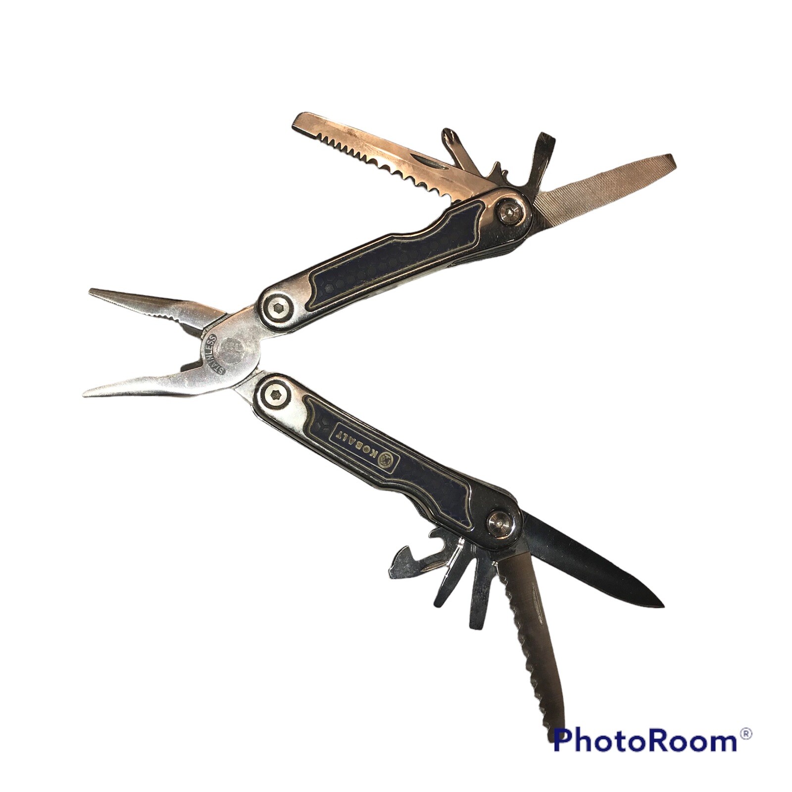 KOBALT MULTI TOOL PLIERS SAW KNIFE VARIOUS SCREW DRIVERS WIRE CUTTERS ETC