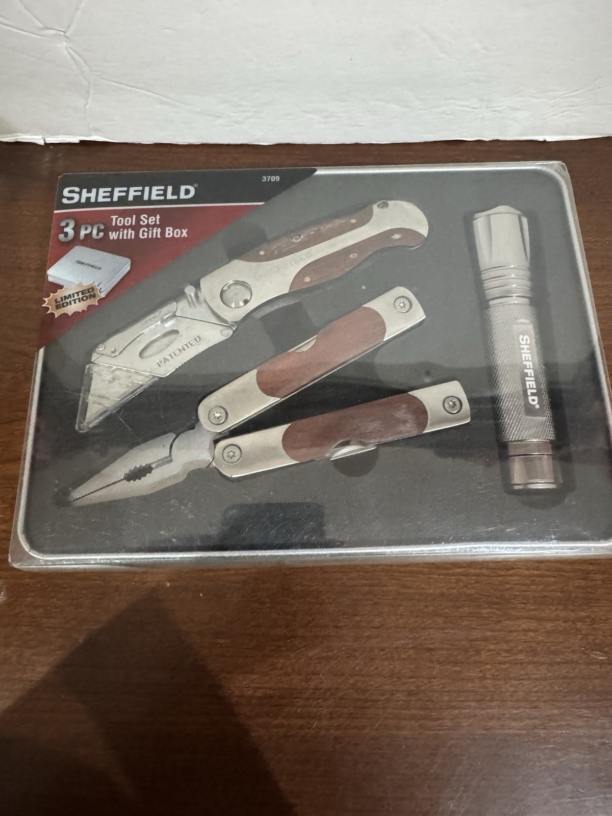 NEW Sheffield 3 Pc Tool Set With Tin Box Multi Tool Utility Knife Flashlight