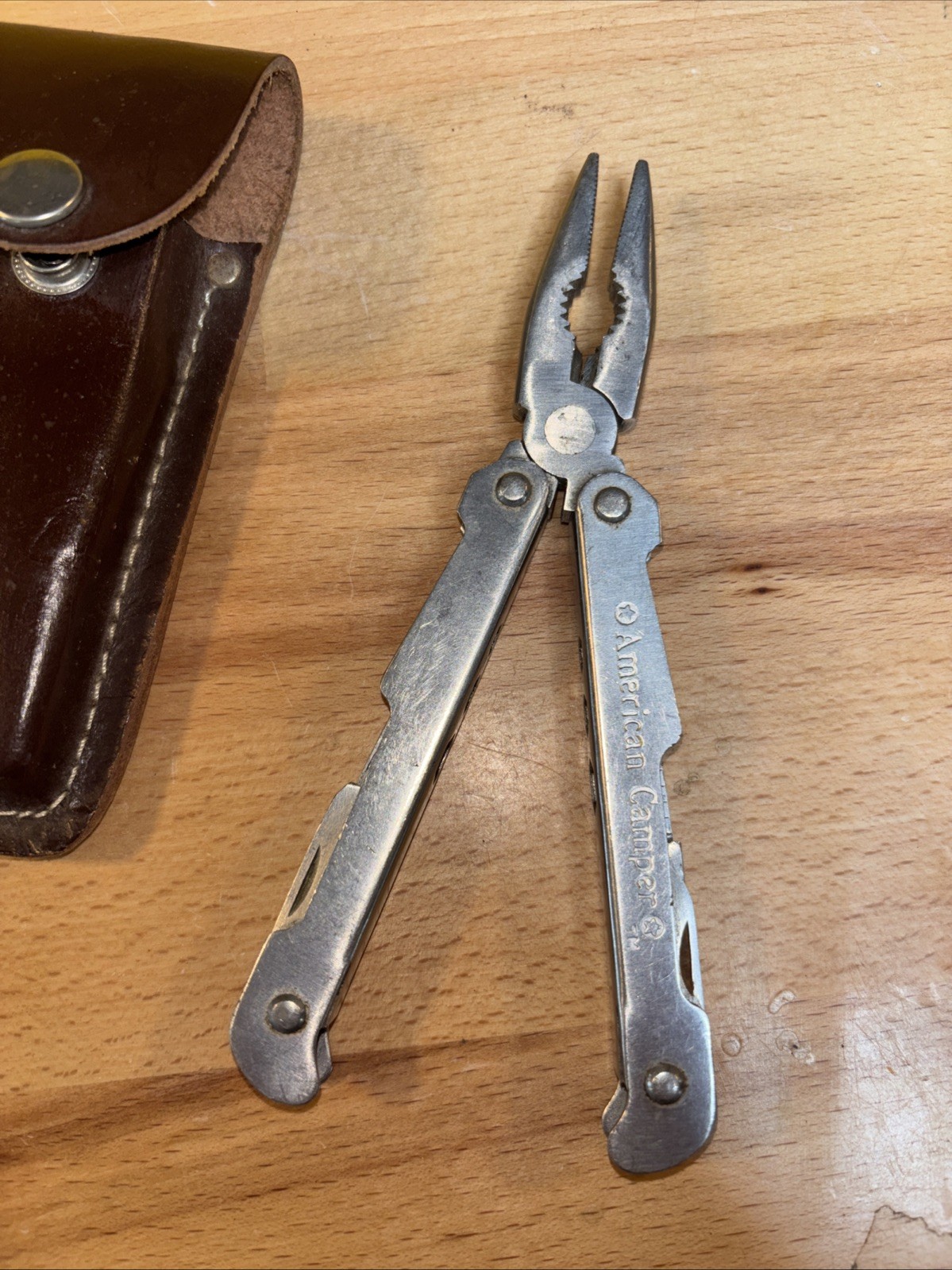VTG American Camper Stainless Steel Multi Tool Foldable W Brown Belt Case Sheath