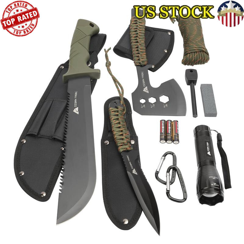 12 Pack Camping Tool Set Machete Knife Flashlight Fire Starter Sheaths Carabiner