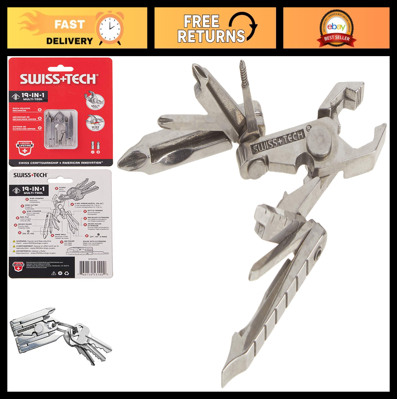 19-in-1 Stainless Steel Key Chain Multi Tool, Polished Finish, Compact & Durable