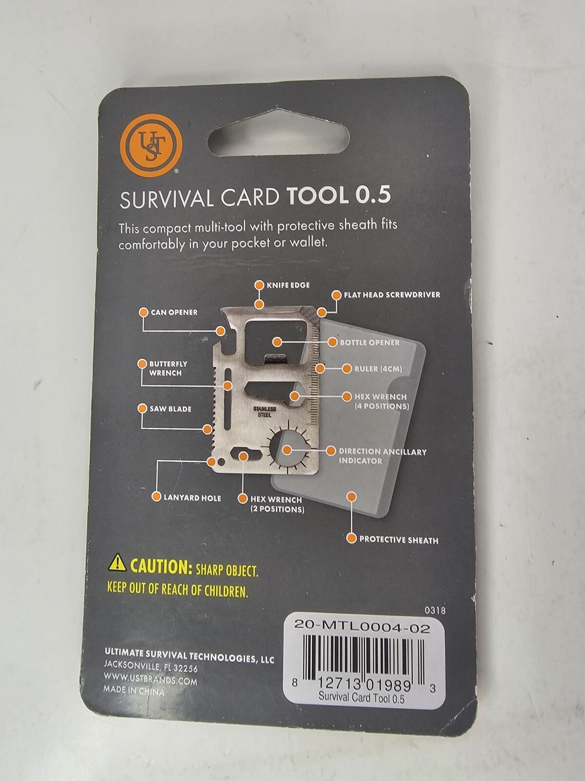 New UST SURVIVAL CARD TOOL 0.5 POCKET Size MULTI-TOOL w/ Sheath Stainless Steel