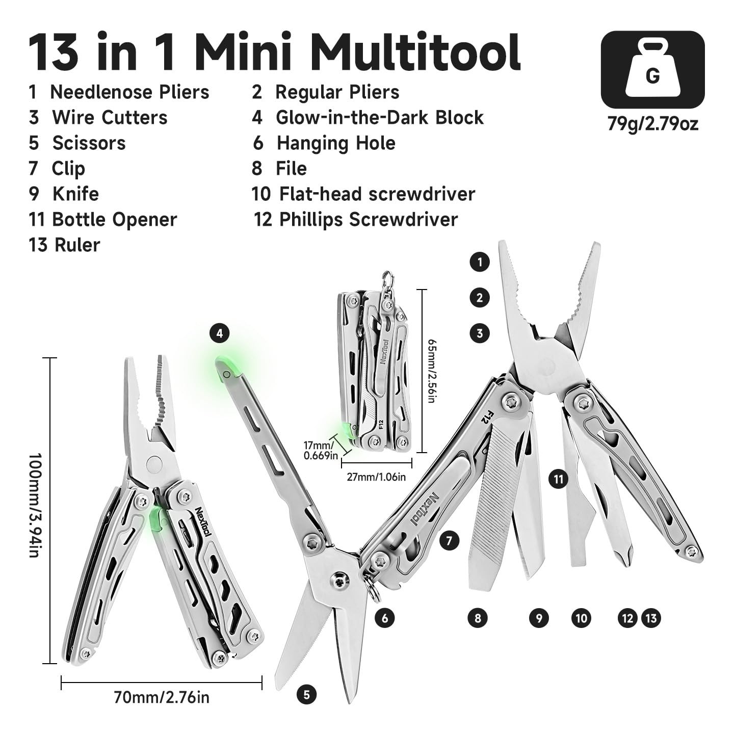F12 Mini Multitool, 13-in-1 Keychain Multitool with Serrated Scissors, File a…