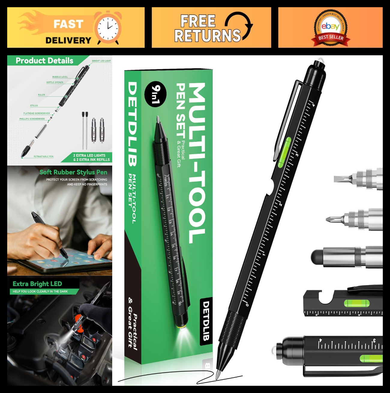 9-in-1 Multitool Pen with LED Light, Stylus, Level & Screwdriver – Perfect Gift
