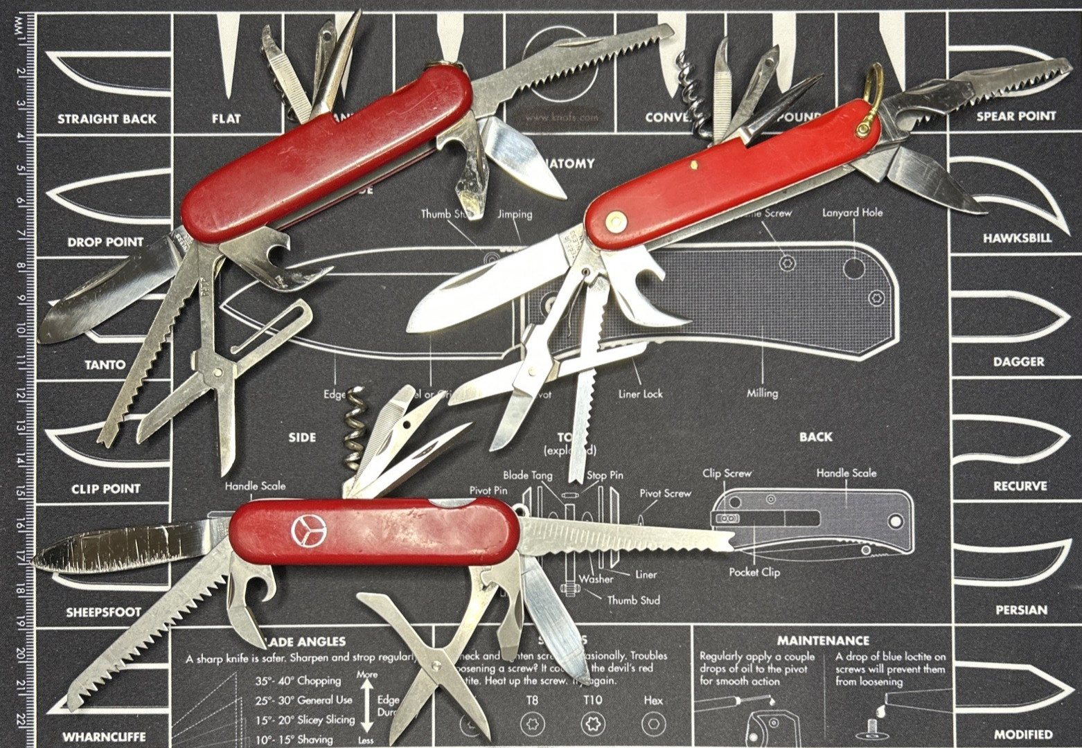Lot Of 3 Vintage Japan Red Multi Tool Folding Knives Good USED Tools Clean Sharp