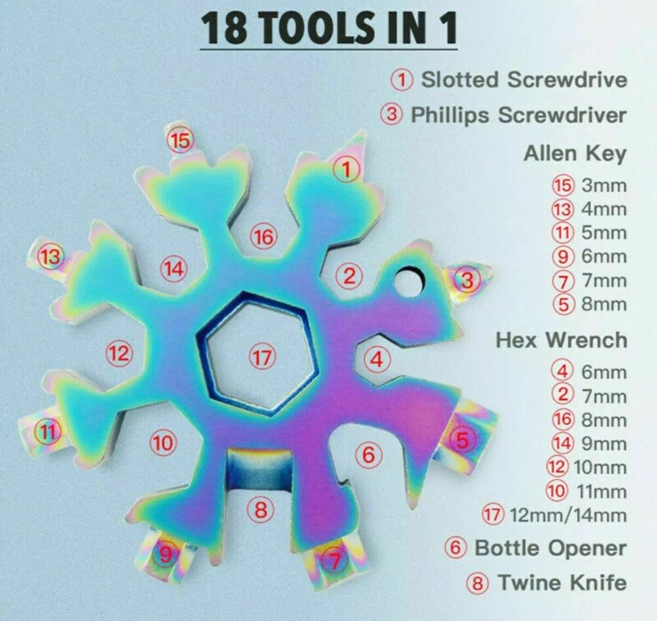 New 18 in 1 Key Chain Portable Stainless Snowflake Style Multi Tool With Clip