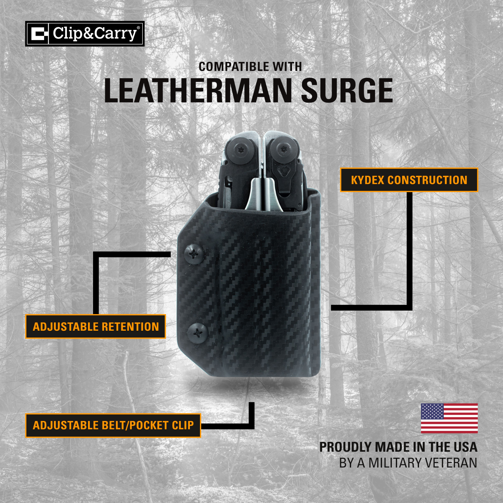 Clip & Carry Kydex Multitool Sheath fits Leatherman Surge – USA Made