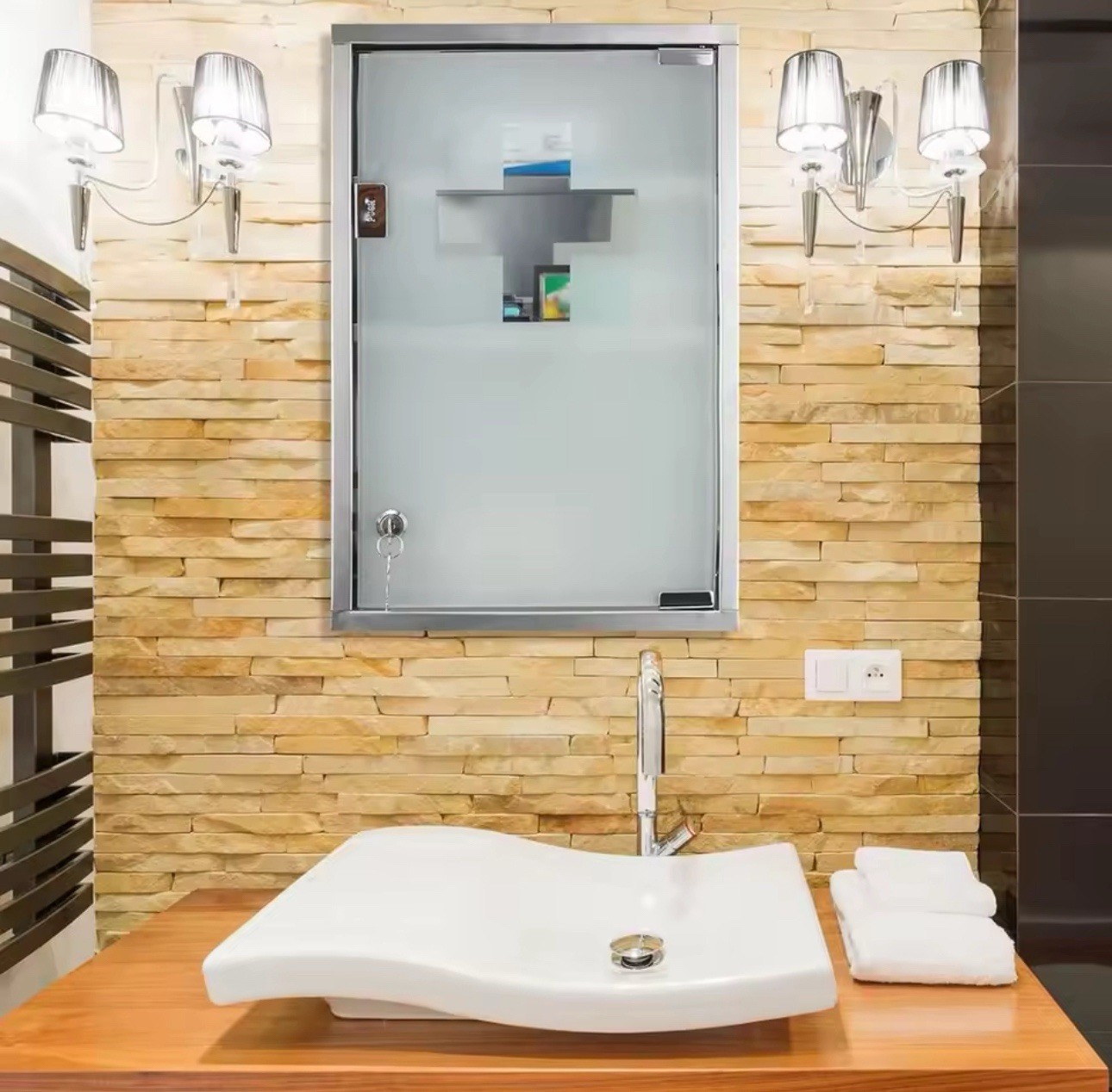 Lockable Wall Medicine Cabinet with Glass Door and Shelves for Bathroom Storage
