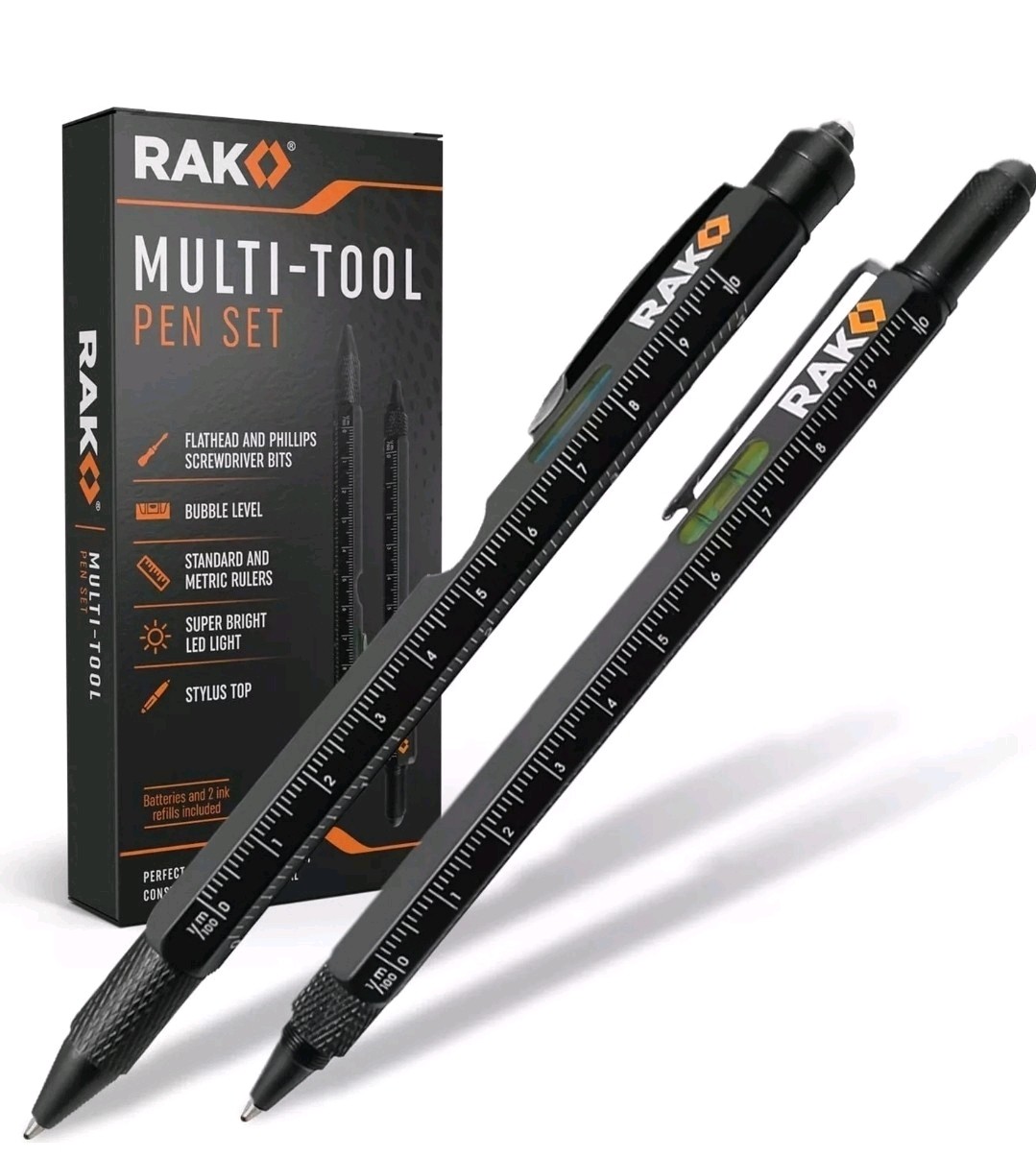 Multi-Tool 2Pc Pen Set – LED Light, Touchscreen Stylus, Ruler, Screwdriver Level