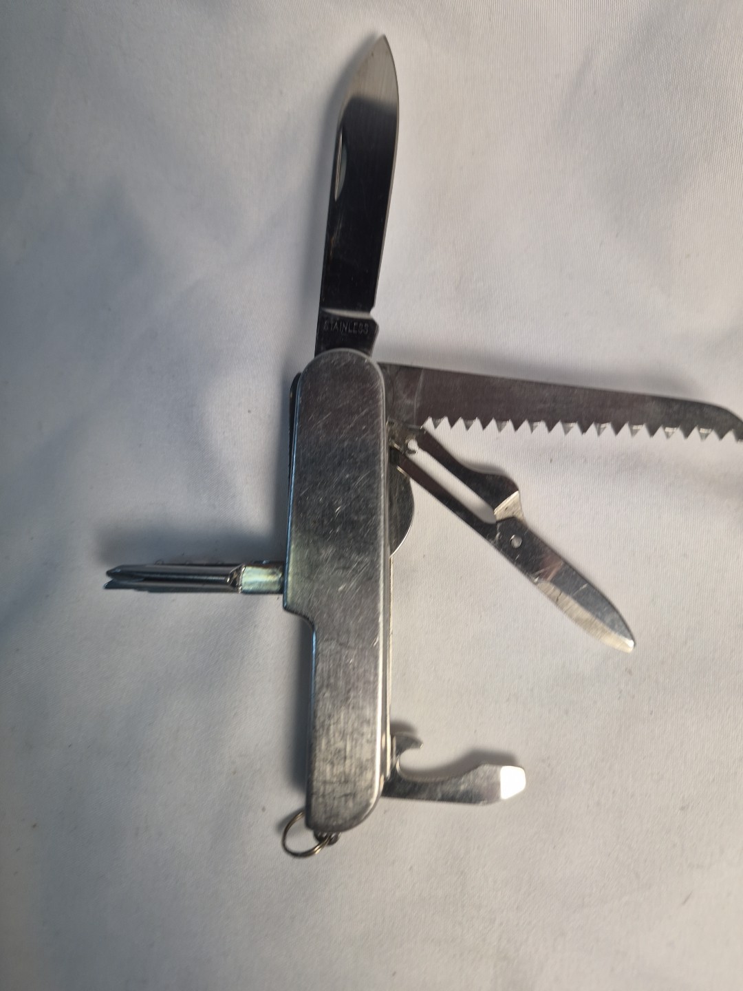 10 MULTI TOOL Silver VTG MERRYMANS Pocket Advertising Knife Army Camp Survival