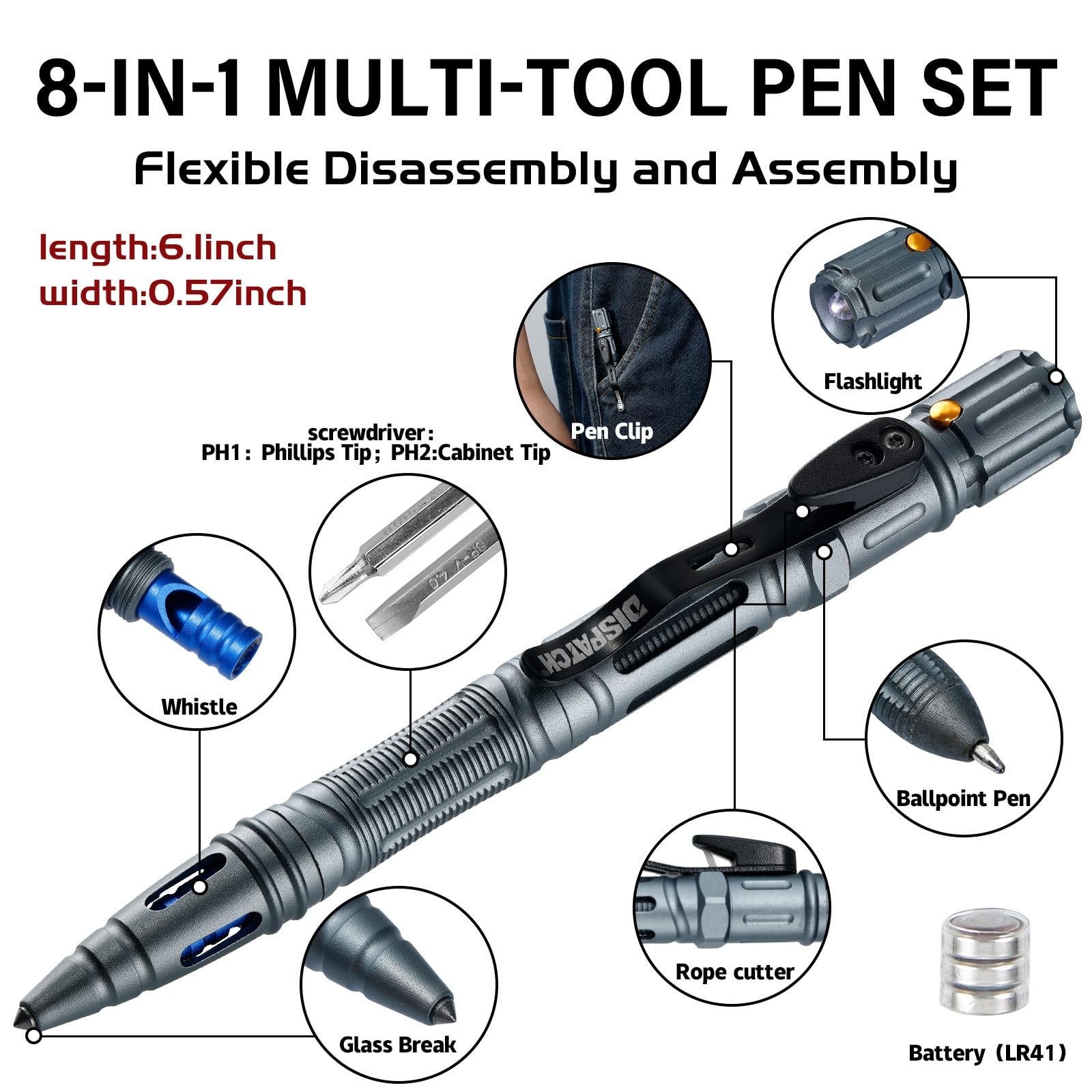 Military Tactical Pen – 8 in 1 Professional Pen with Flashlight – Multitool E…
