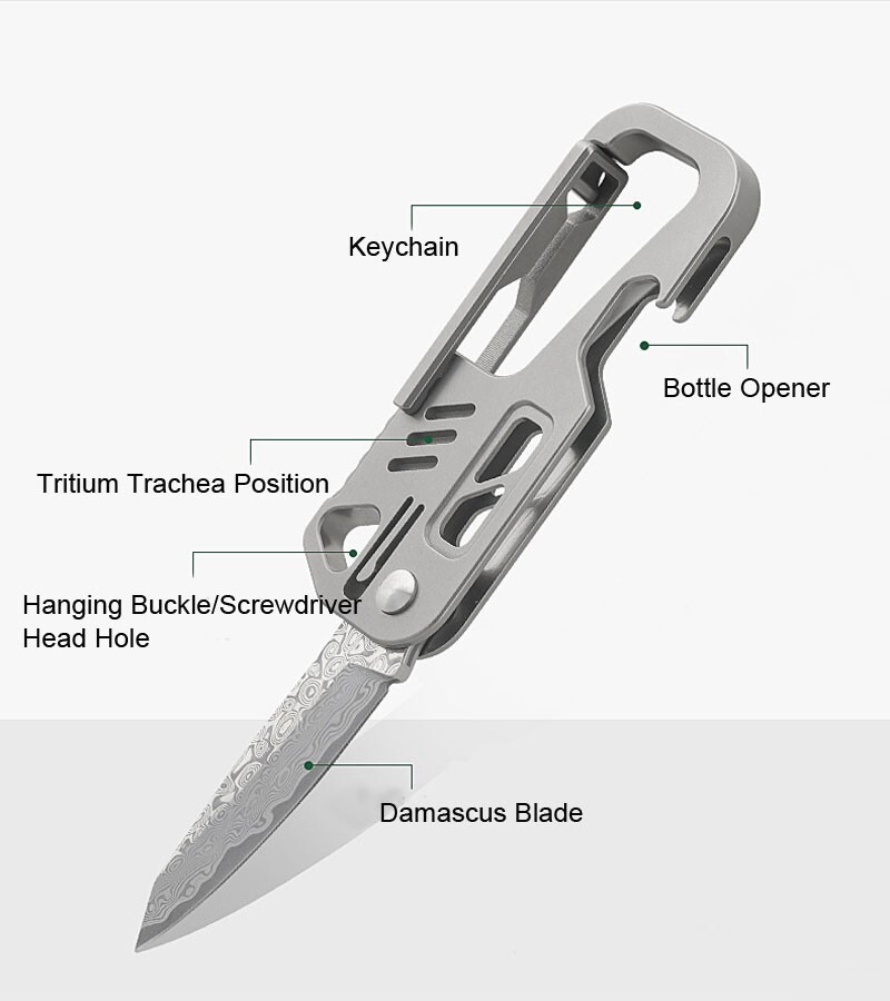 Edc Titanium Alloy Damascus Blade Keychain Outdoor Portable Folding Multi-tools