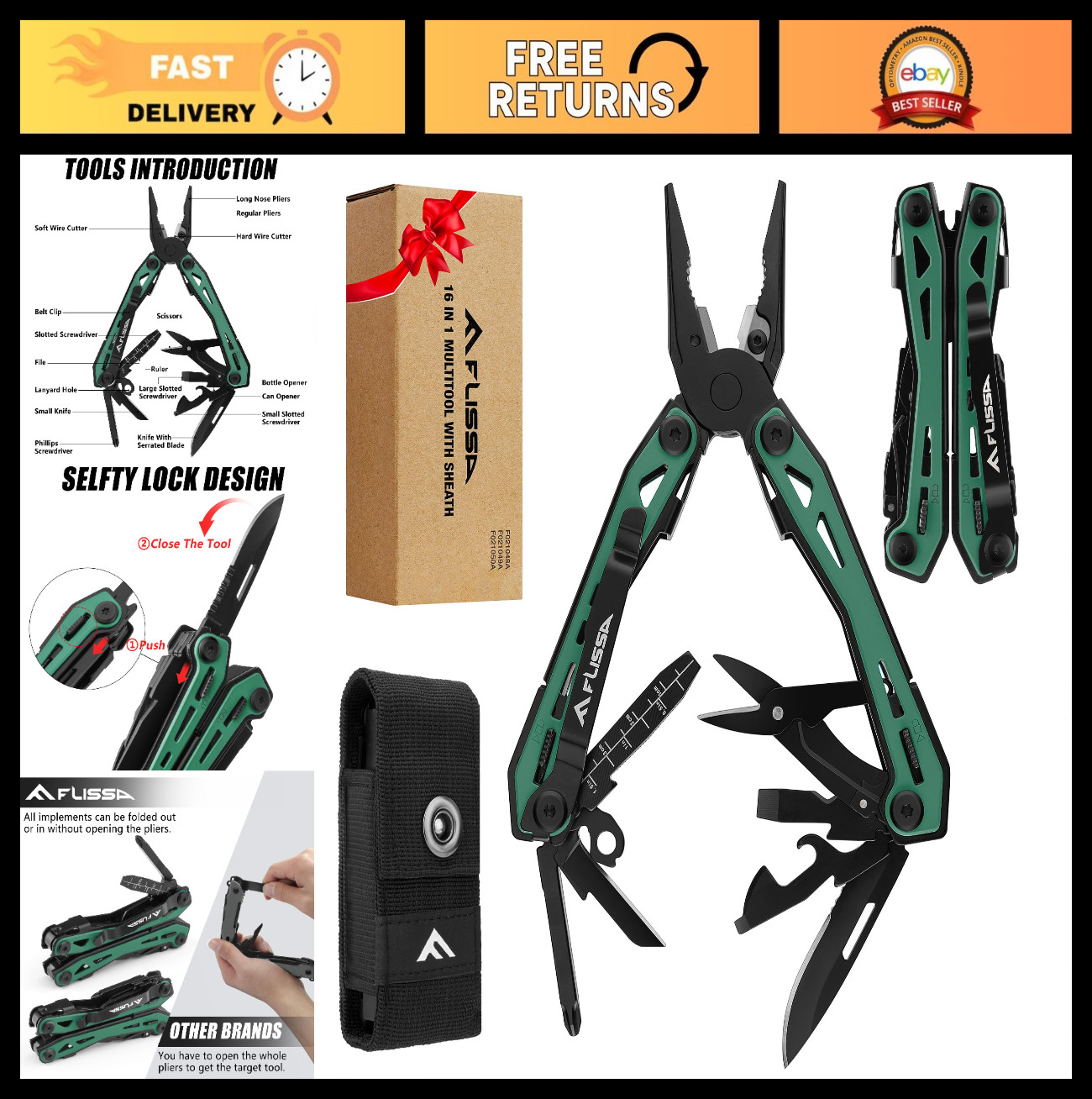 16-in-1 Multi Tool Pliers, Stainless Steel EDC Multitool, Pocket Knife & Pouch,