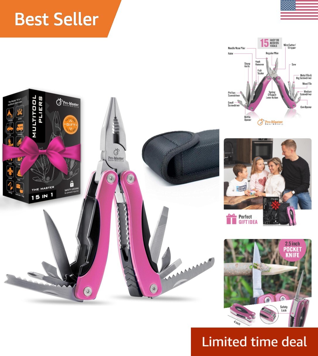 Compact 15-in-1 Pink Multi-Tool – Essential for Home & Outdoor Adventures