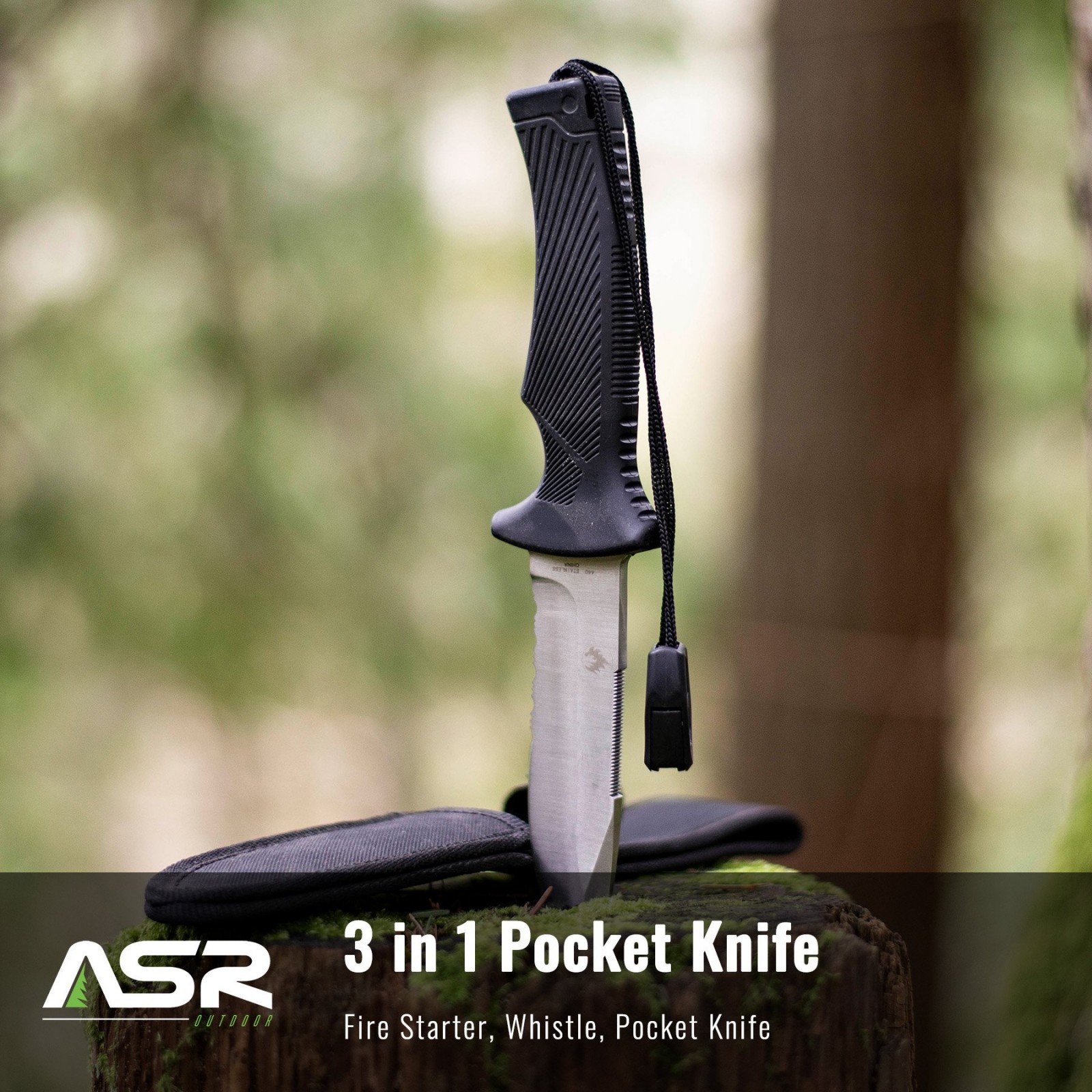 ASR Outdoor 3 in 1 Hiking Camping Survival Multi Tool Fire Starter Pocket Knife