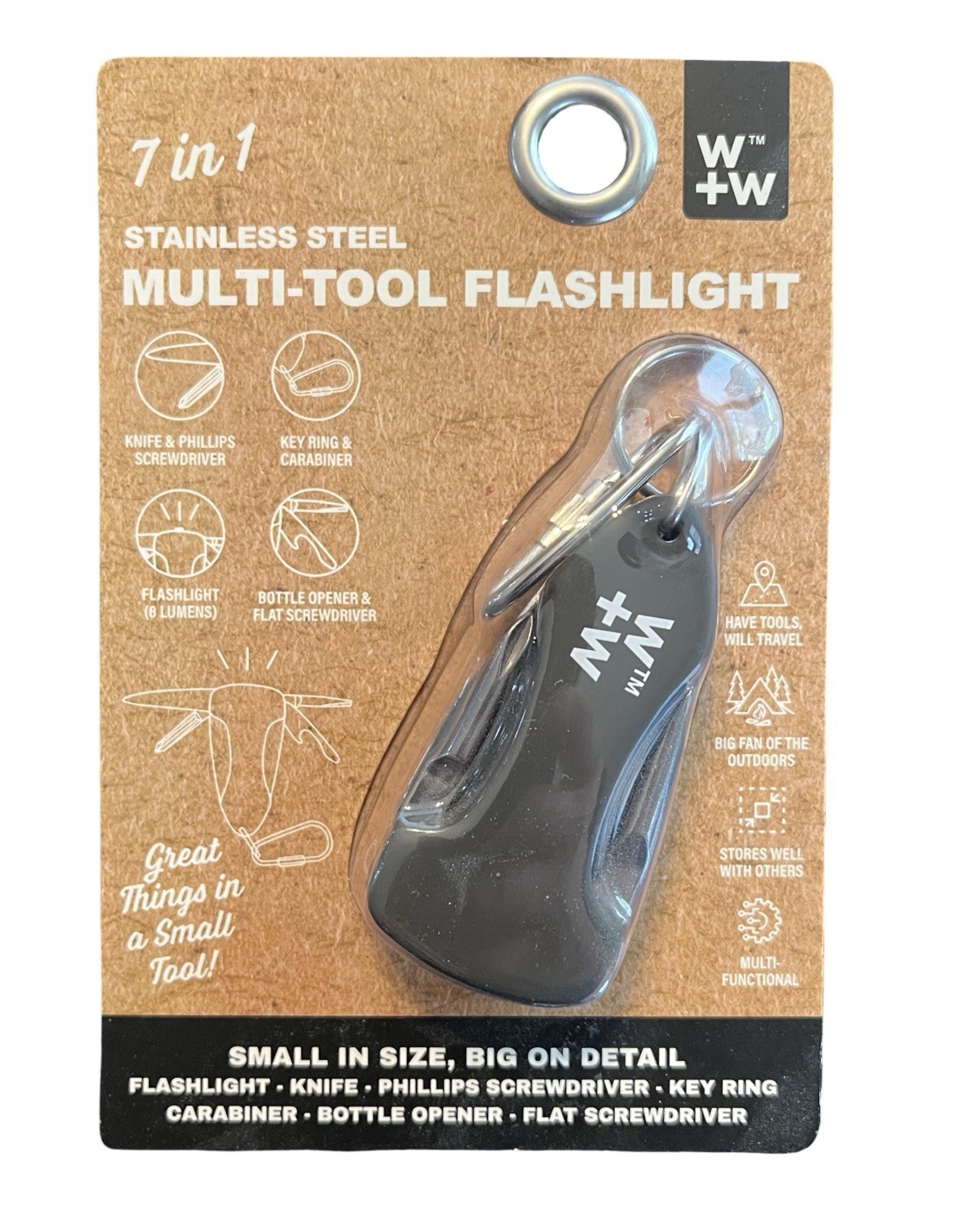 W+W 7-in-1 Stainless Steel Multi-Tool Flashlight with Carabiner – Black