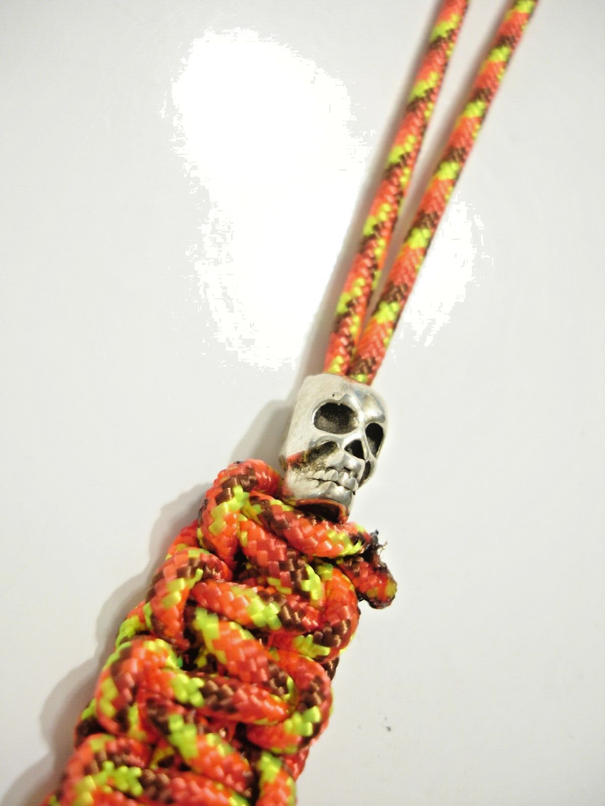 Handmade in USA Paracord Knife Lanyard Keychain “Fire” Color w/ Metal Skull Bead