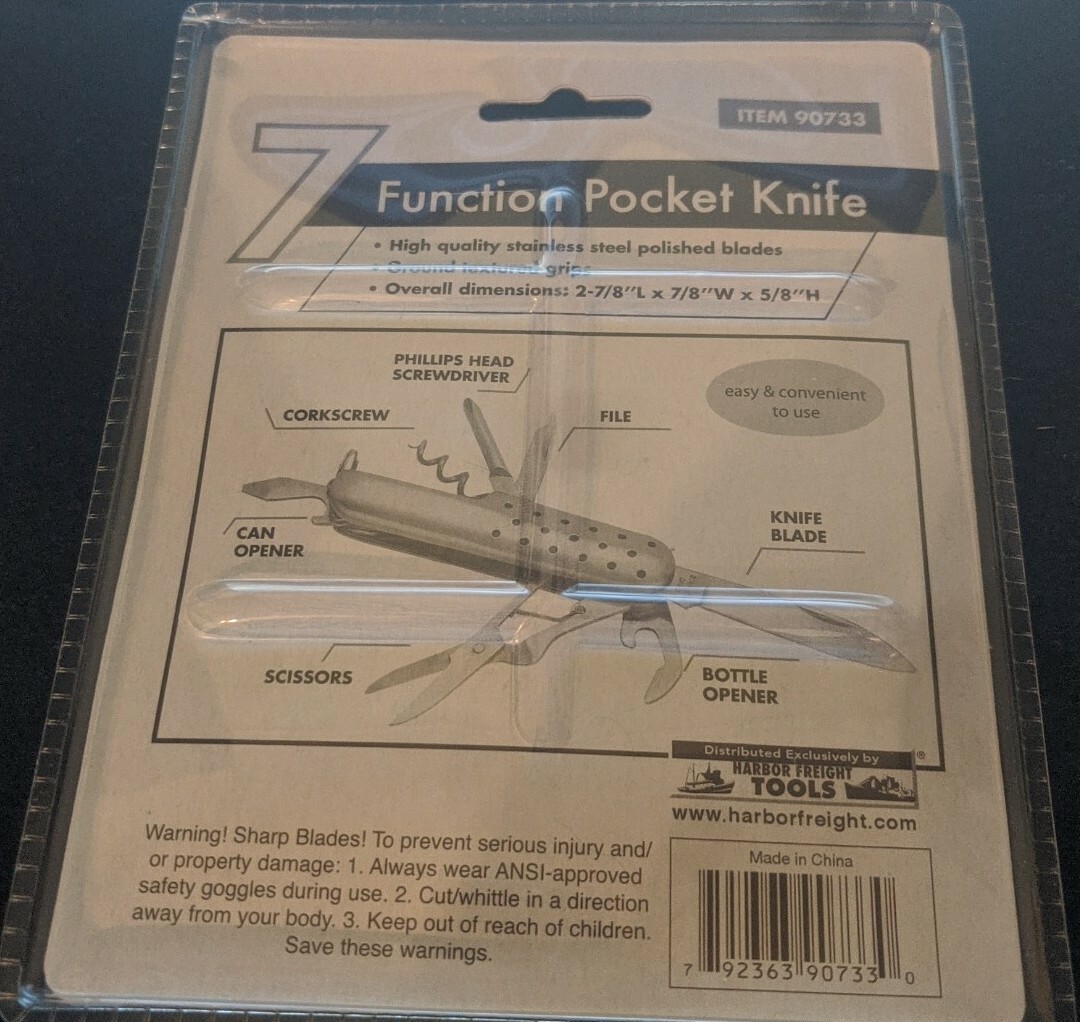 7 Function Pocket Knife – Stainless Steel – Corkscrew Scissor Blade File #90733