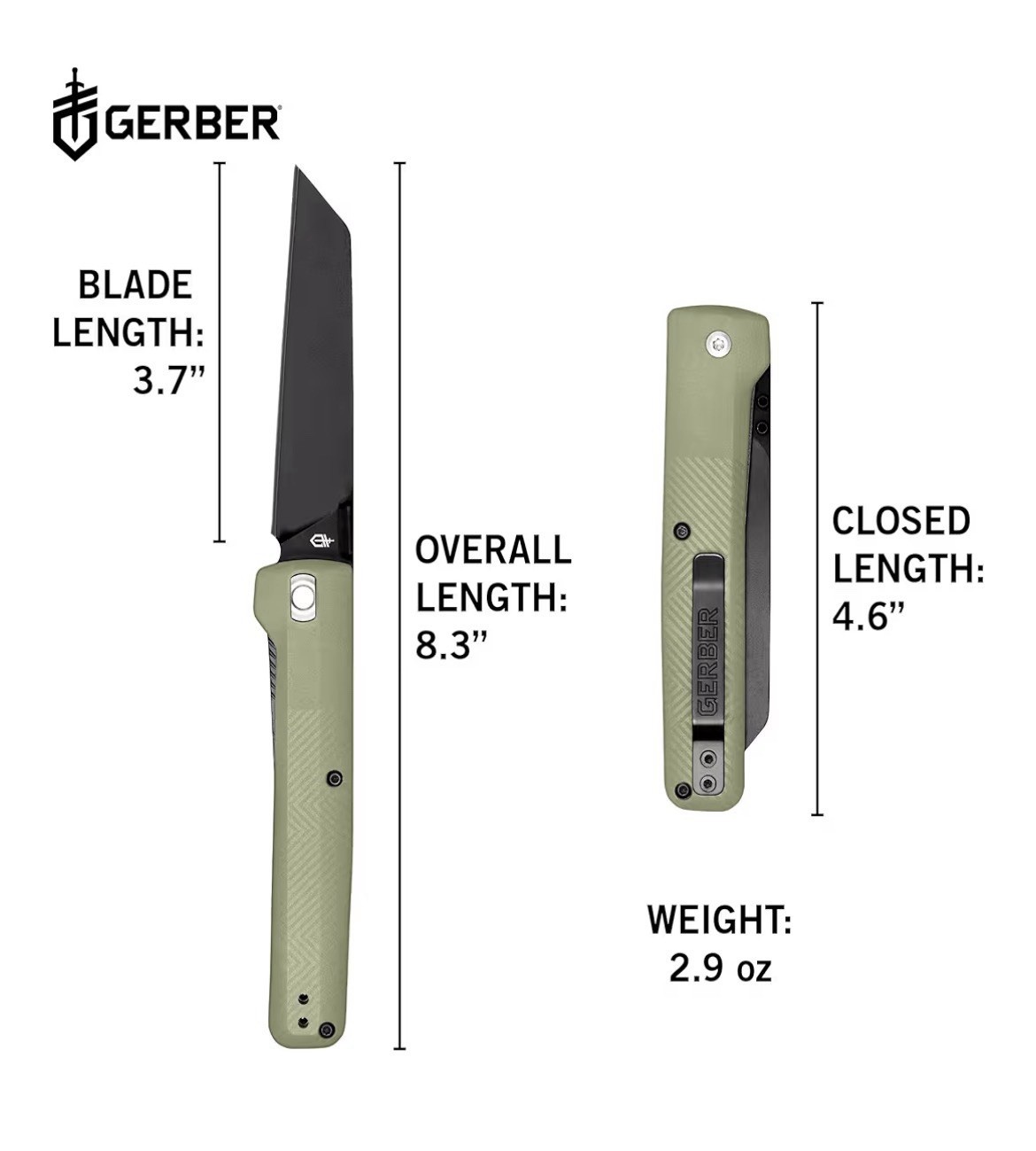 GERBER PLEDGE CLIP FOLDING KNIFE – GREEN HANDLE & BLACK OXIDE COATED BLADE