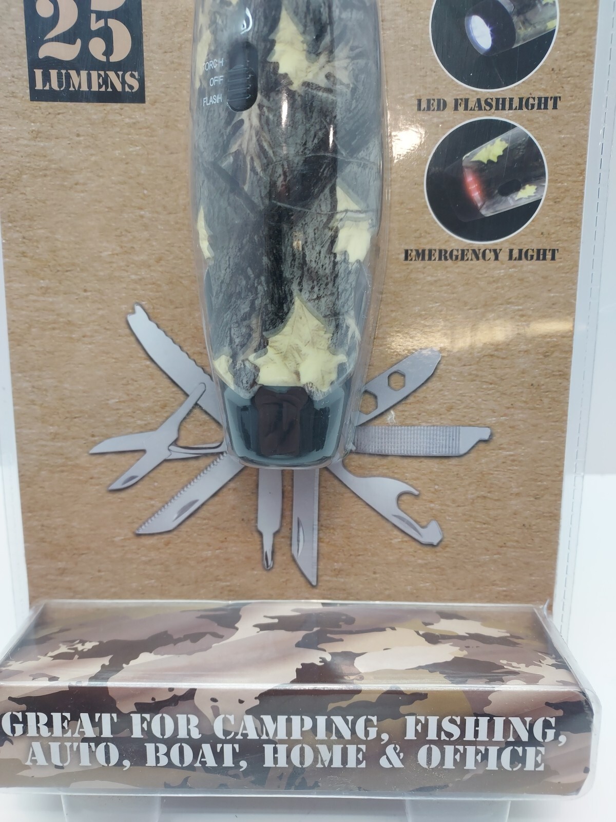 Fine Life Multi Tool Flashlight 25 Lumens Camo LED 13 Tools – Camping / Home Use