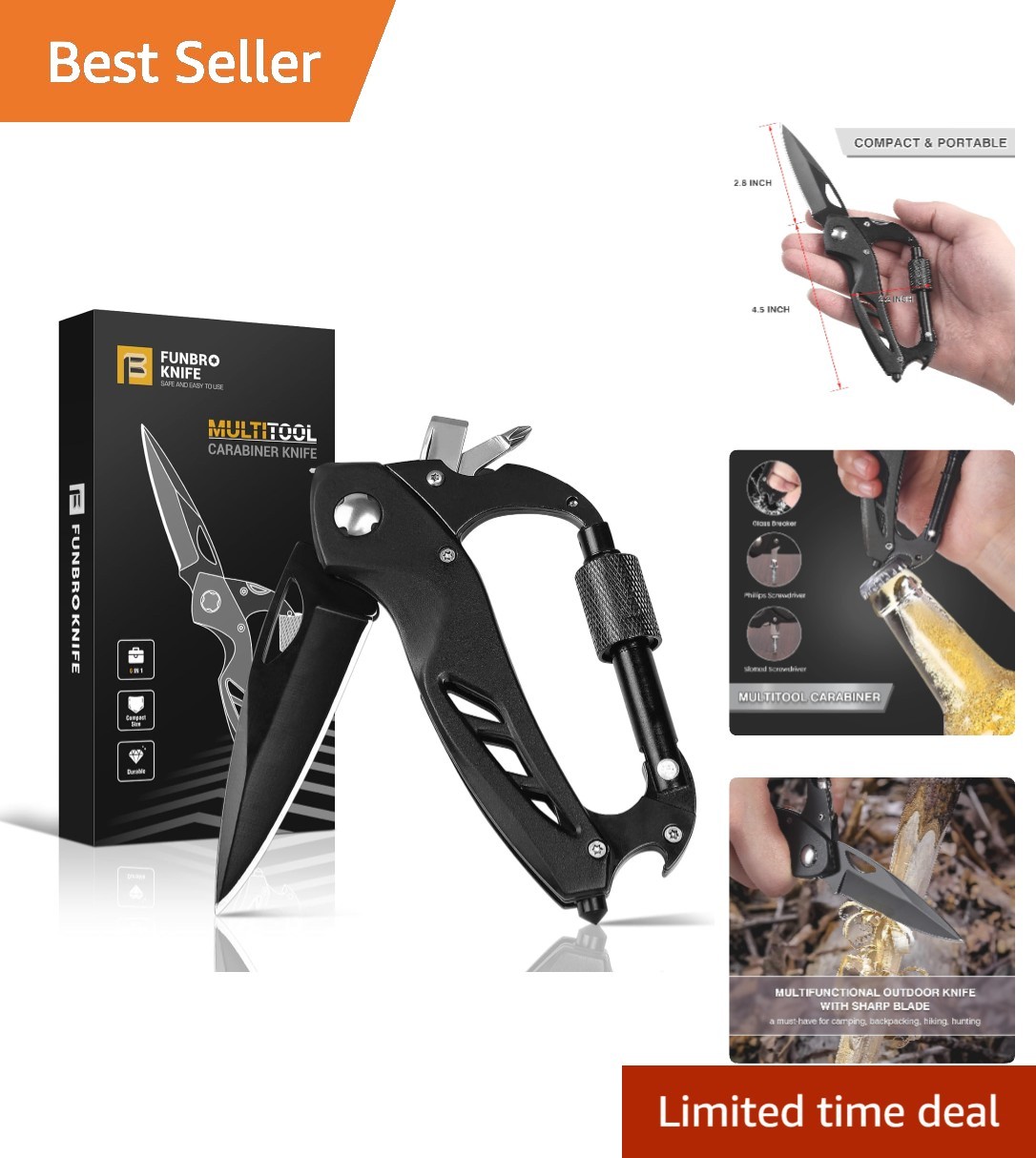 Compact Black Stainless Steel Multitool Carabiner: Gift for Outdoor Enthusiasts