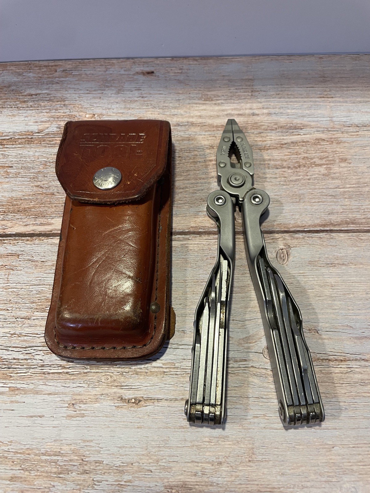 Vintage Schrade Tough Tool ST1 Multi-Tool Pliers Knife w Leather Sheath Nice!