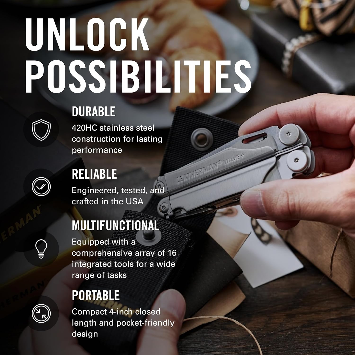 LEATHERMAN, Wave+, 18-in-1 Full-Size, Versatile Multi-tool , Stainless Steel