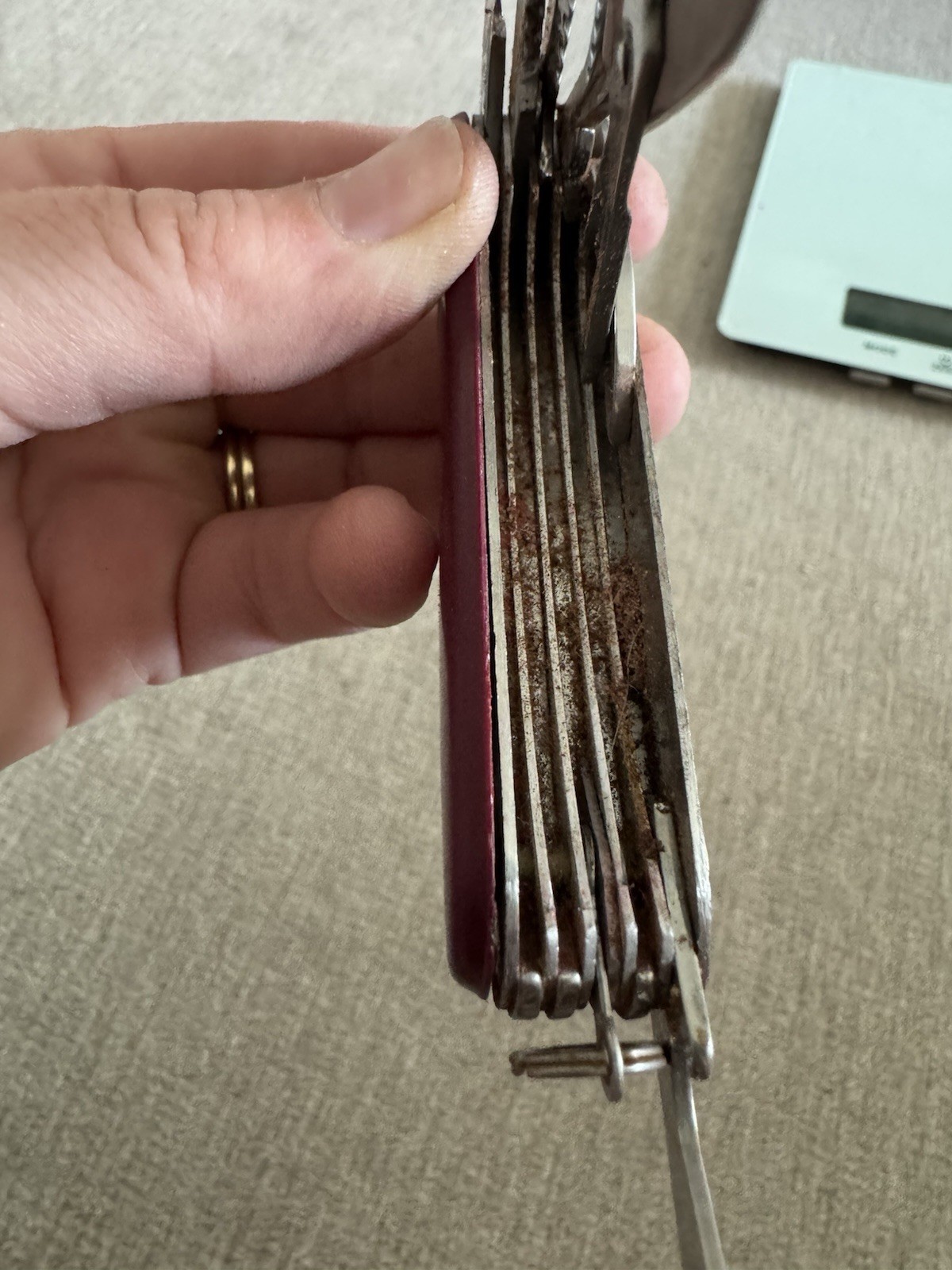 Red Folding Multi-Tool Knife 2in Straight Edge, Scissors Corkscrew Opener