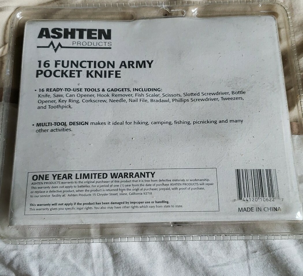Army Pocket Knife 16 Function Ashten Products NIP D-7