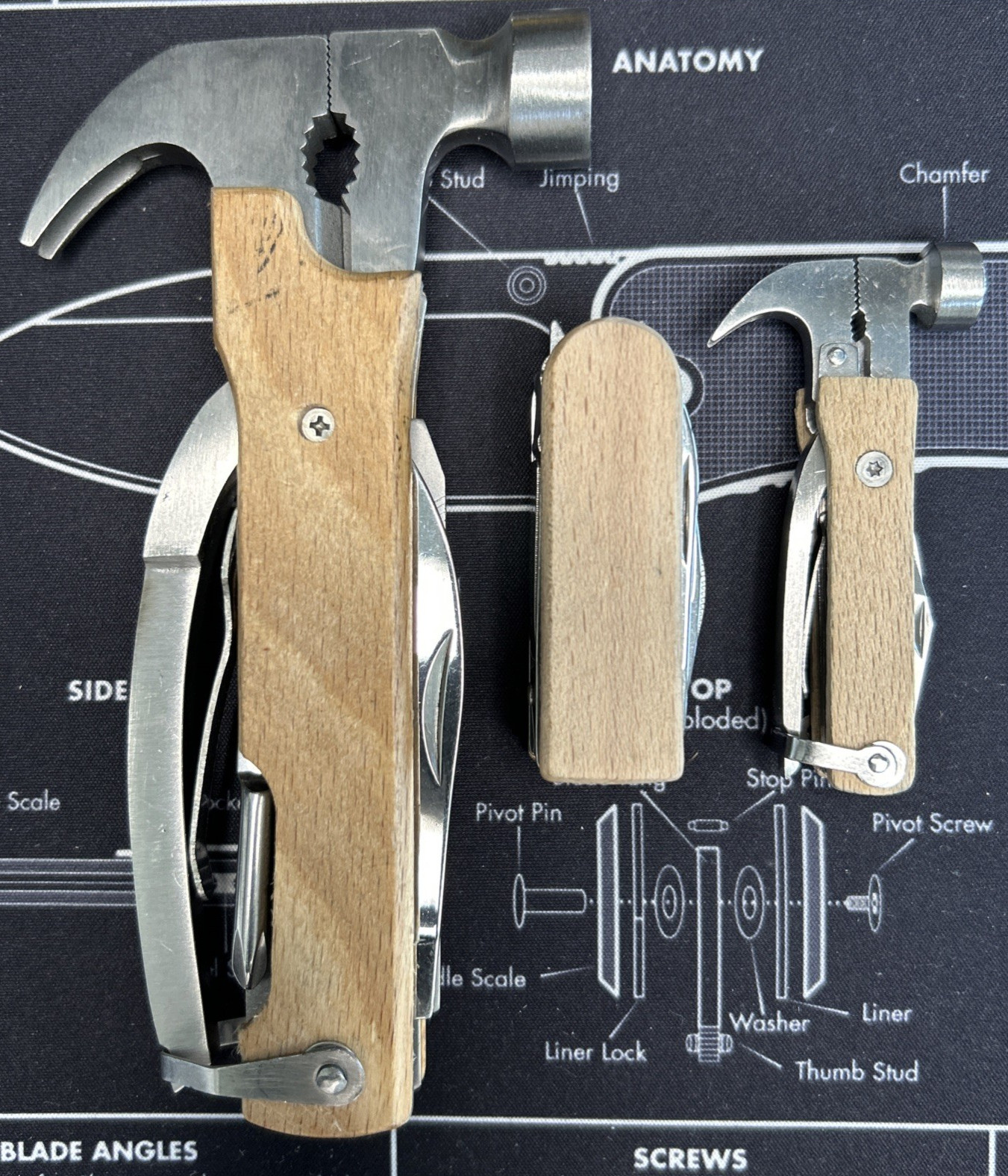 Lot of 3 Wood Handle Hammer Folding Compact Multi Tools Knife Saw & More VGUC