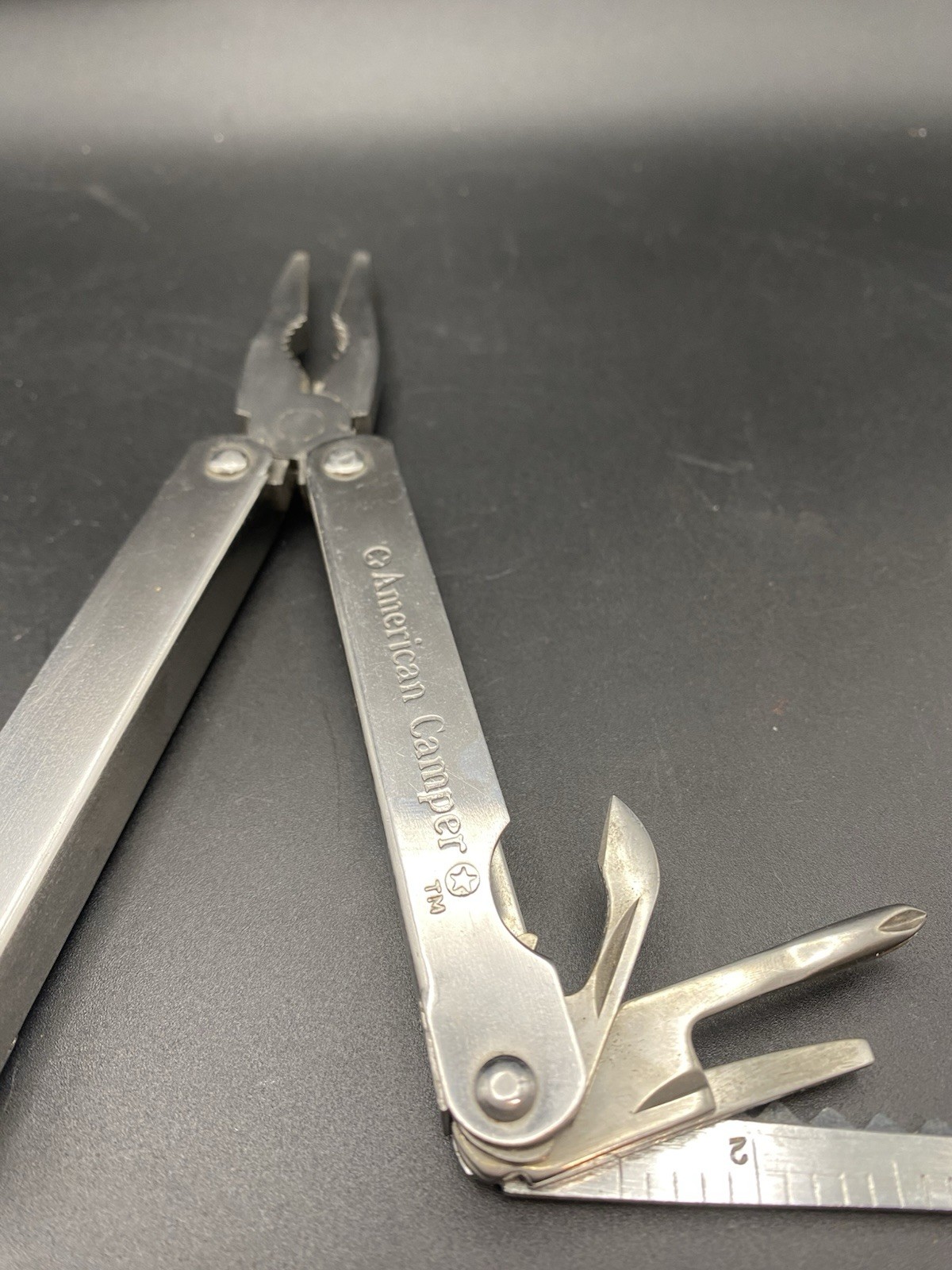 VTG American Camper Stainless Steel Multi Tool Foldable W Brown Belt Case Sheath