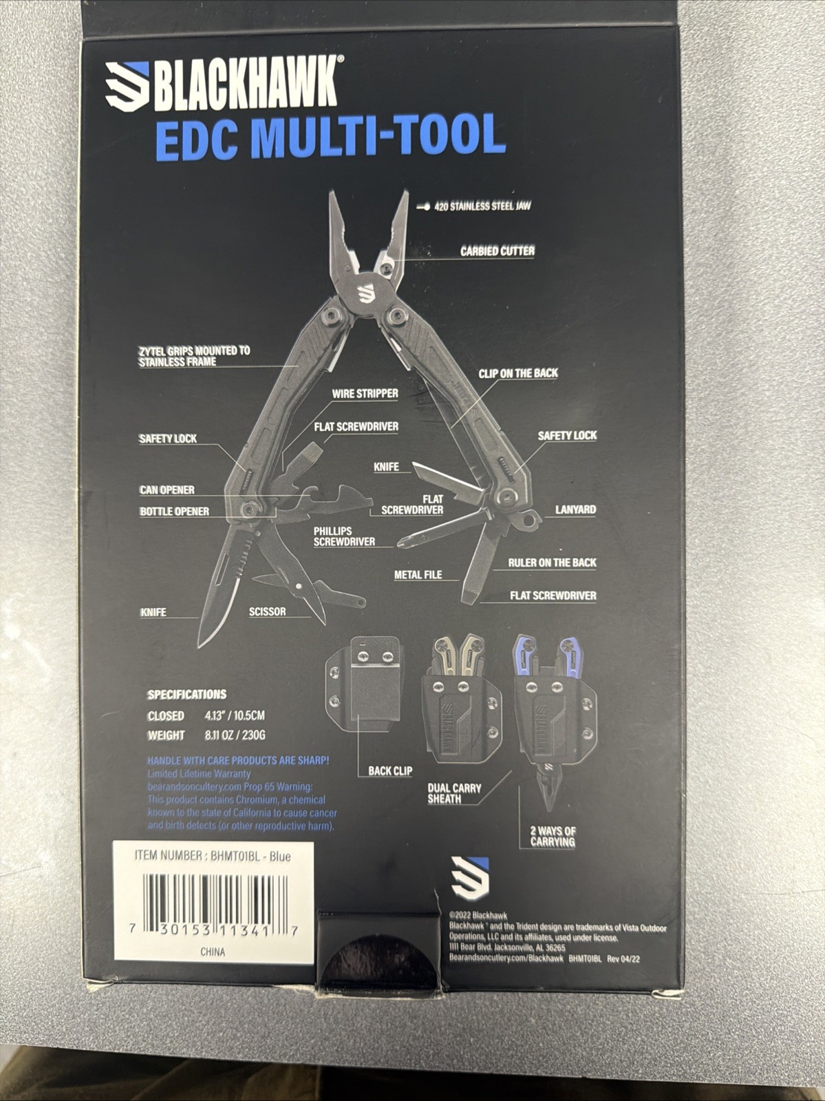 Blackhawk EDC Multi-Tool Black Stainless Steel Blue Zytel Handles – BHMT20BL