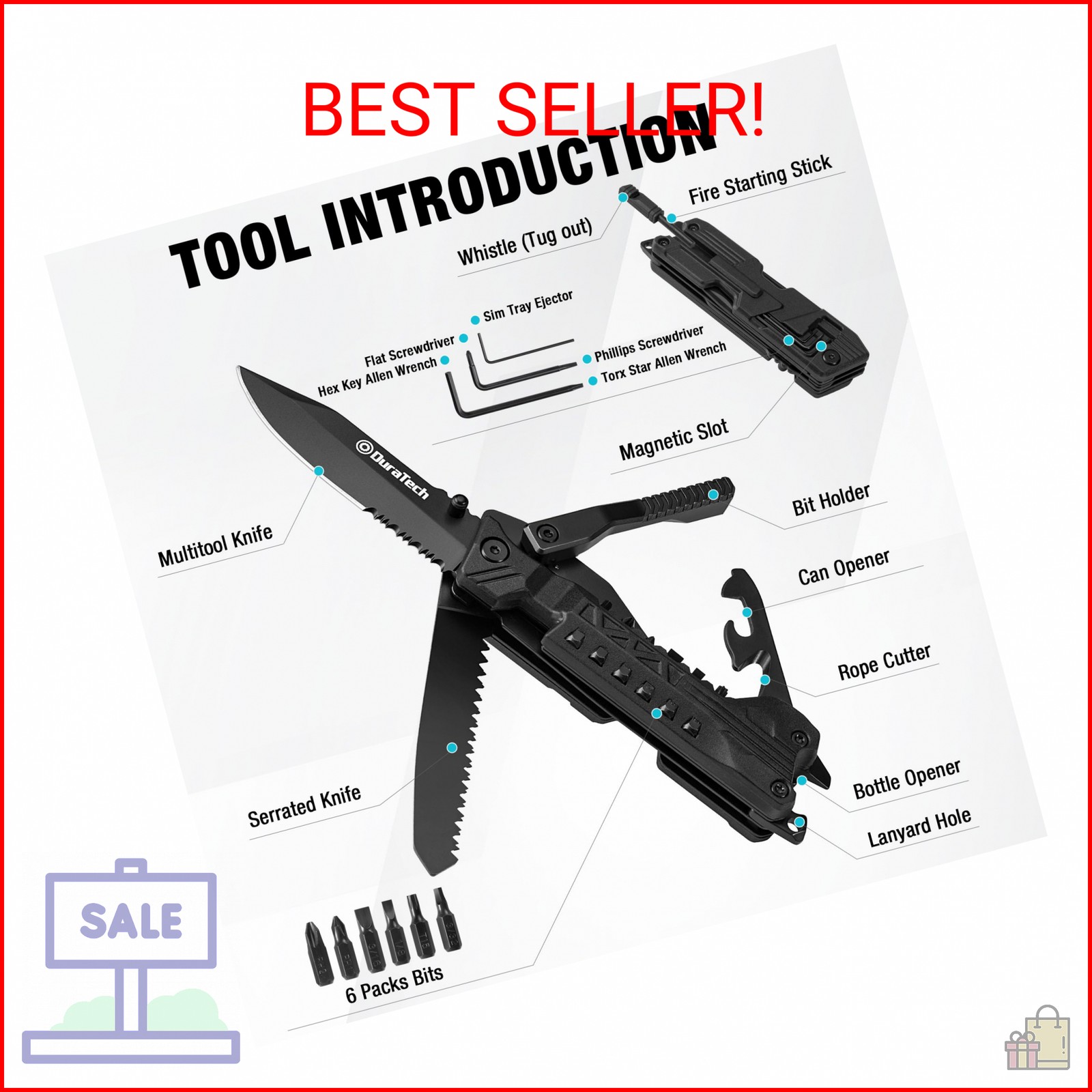 DURATECH 20 in 1 Multitool with Safety Locking, Gift for Men Dad, with Pocket Kn