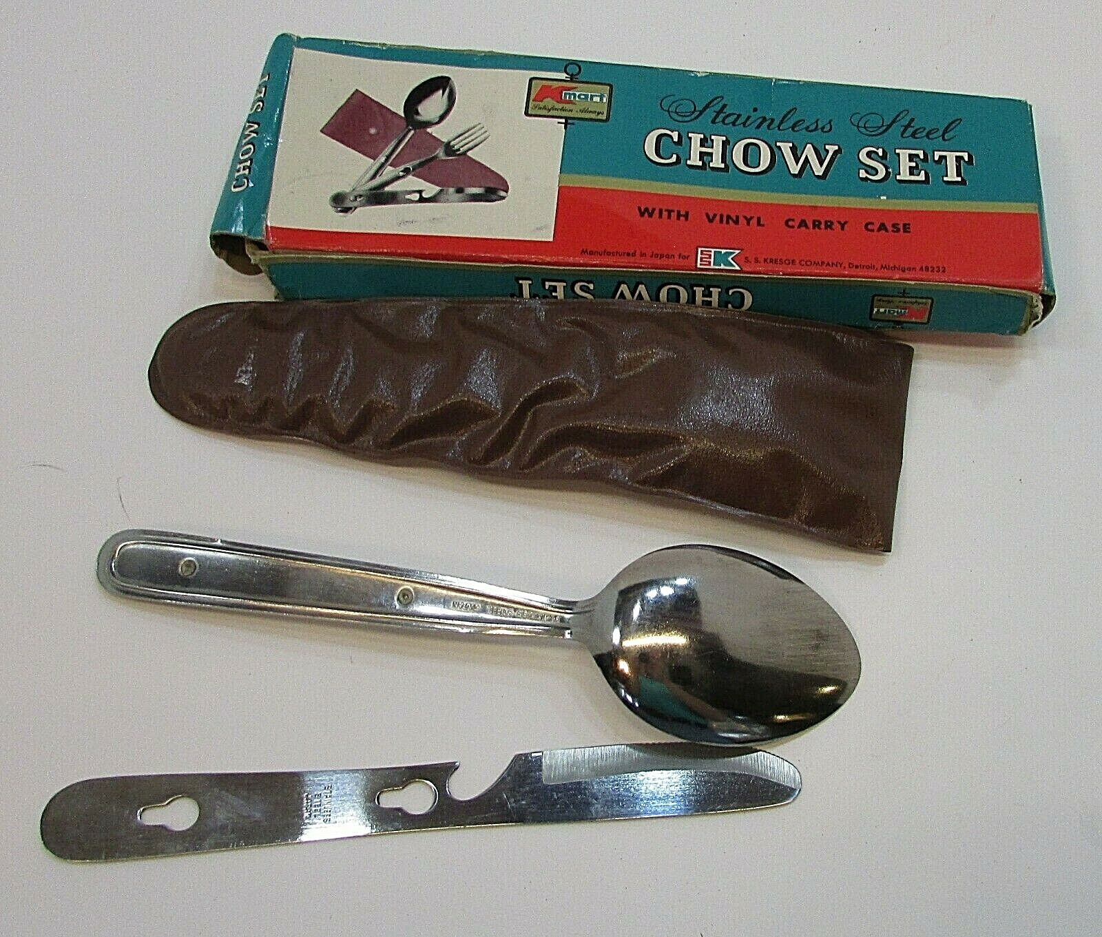 Vintage 1960’s Kmart Stainless Steel Chow Camping Set w Spoon Knife Vinyl Case