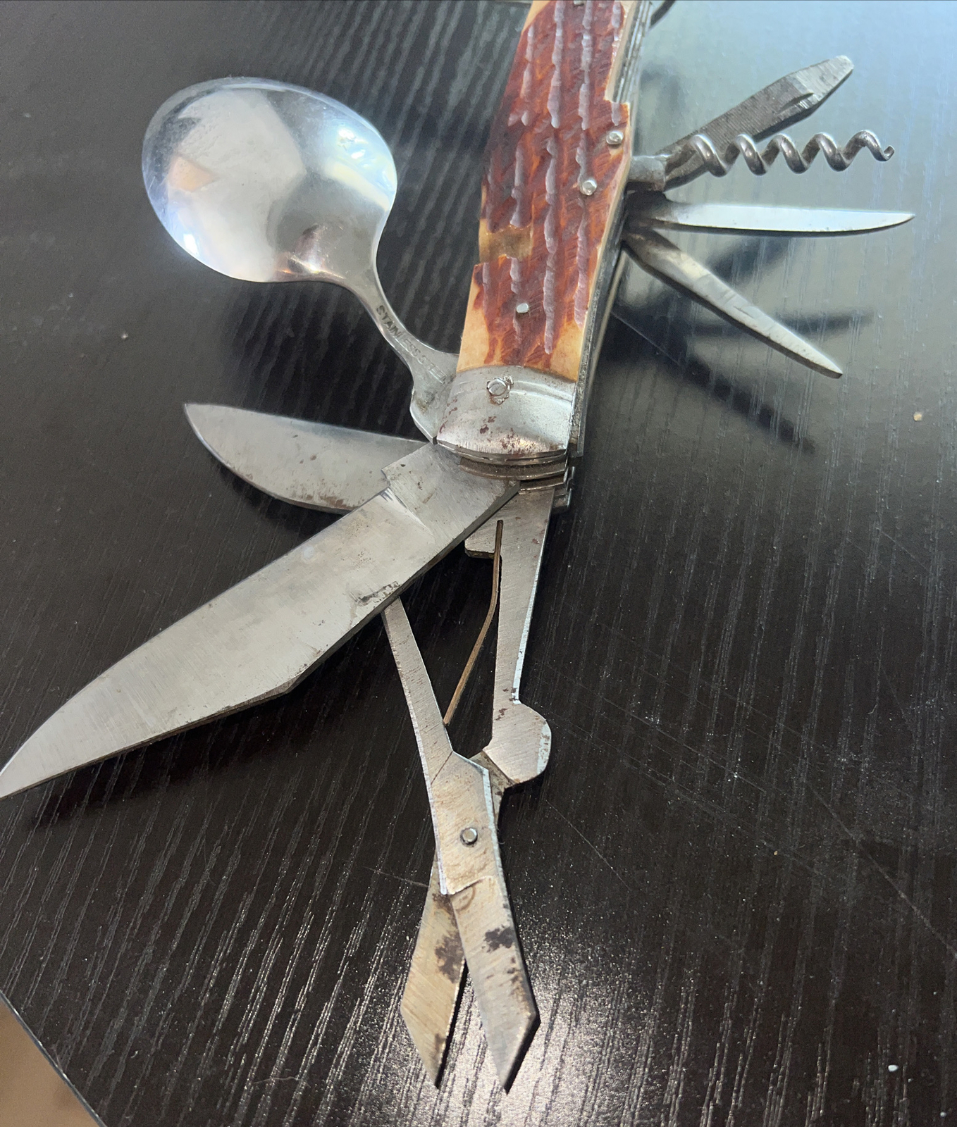 Vintage 11-in-1 Stainless Steel Multi-tool with leather sheath Carved Handle