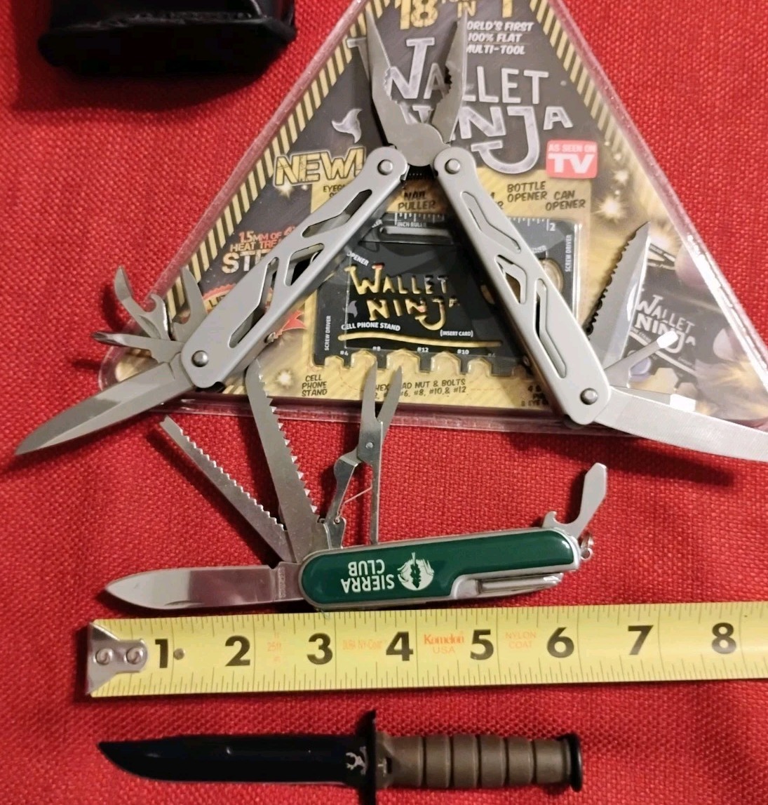 5pc camping EDC lot: wallet Ninja 8×22 binoculars small neck knife & multitools