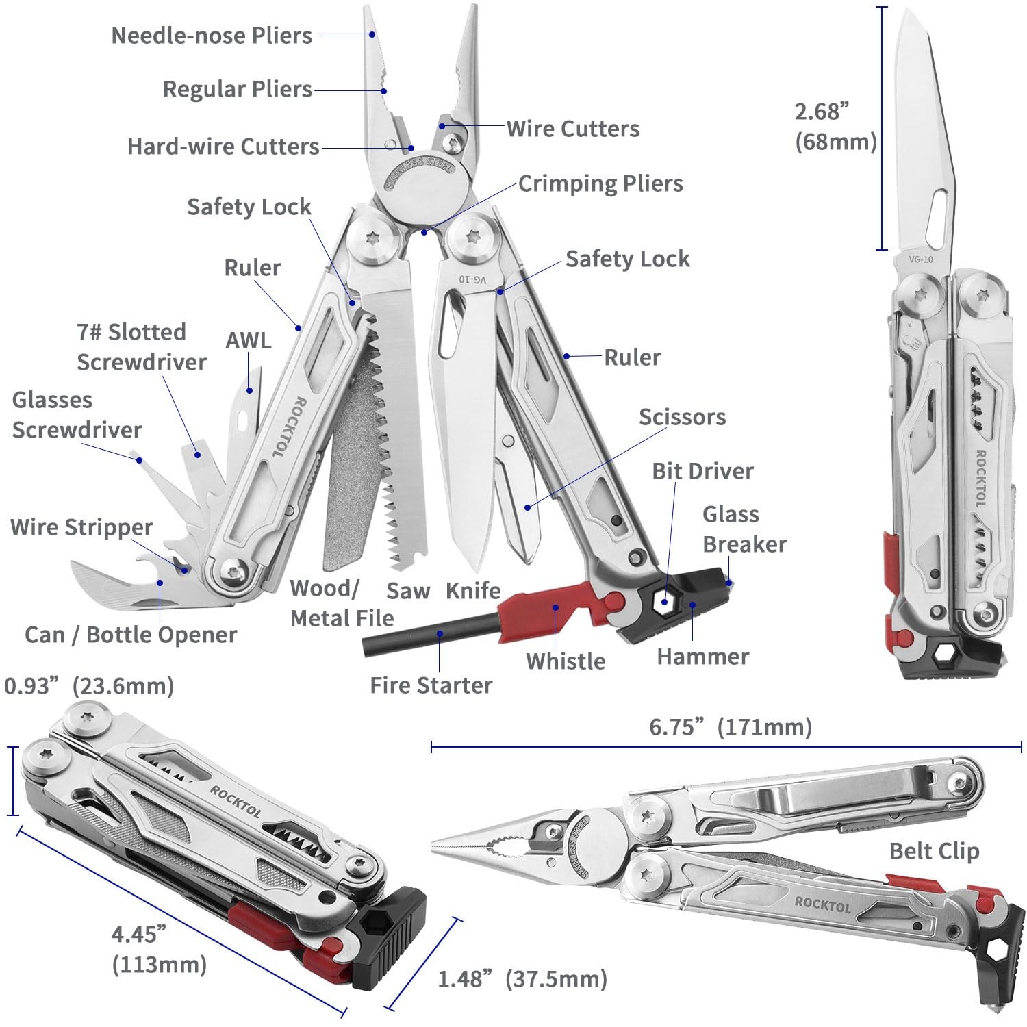 Multitool SK04, VG-10 Blade, 22-in-1 Multi-tool Pliers with Fire Starter, Eme…