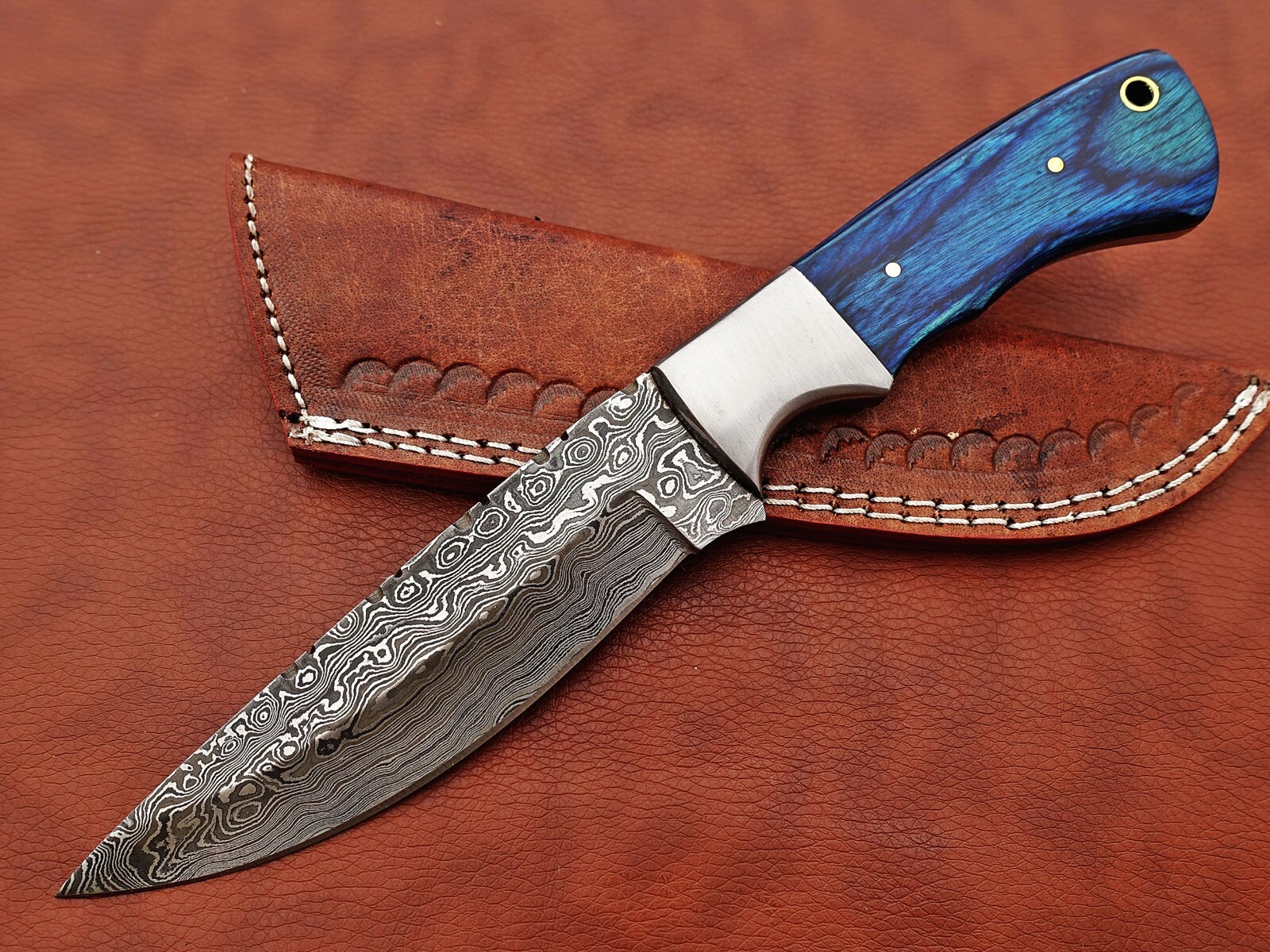 9.5″ Rain drop Damascus steel Blue wood scale Skinning knife W/ Leather sheath