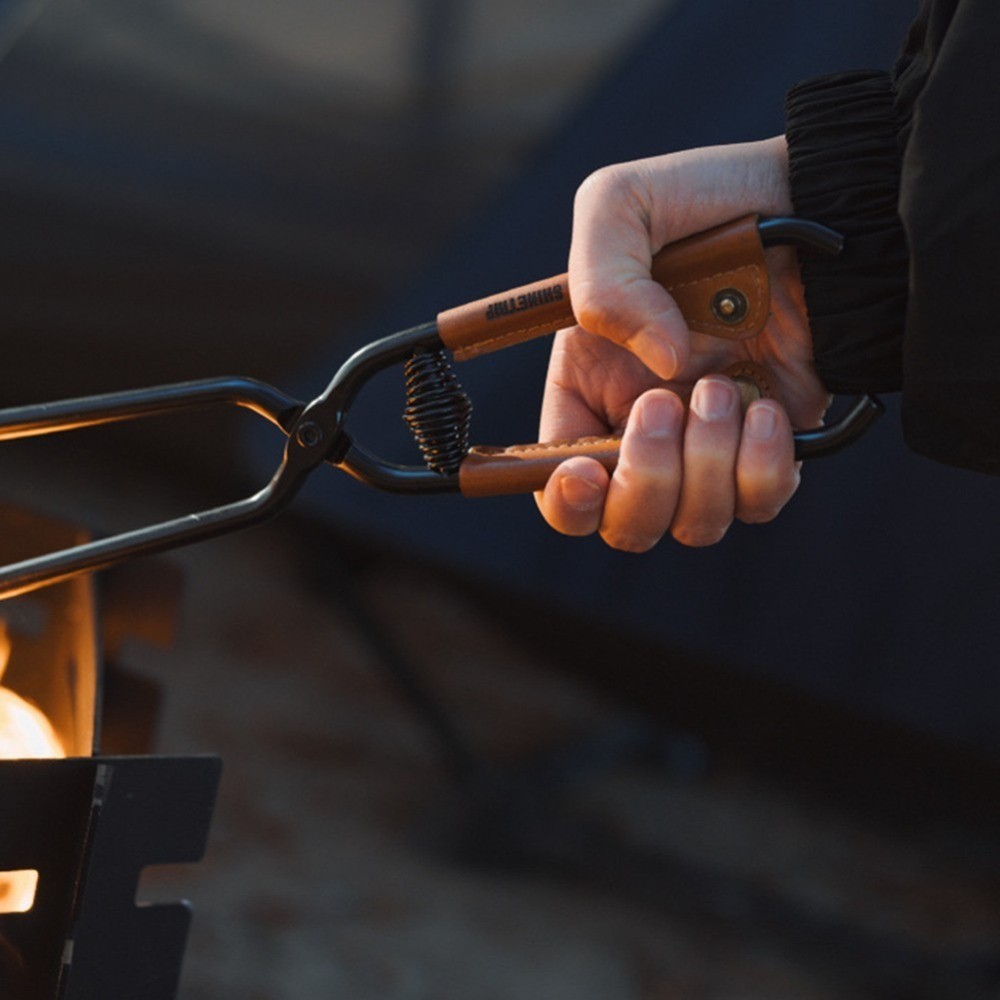 For Carbon Steel Camping Charcoal Tongs Bonfire BBQ Firewood Clip Leather Handle
