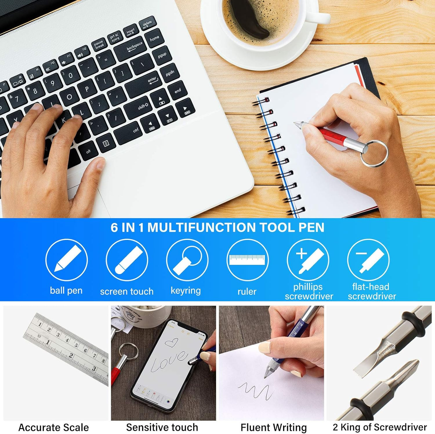 4 Pieces 6 in 1 Multitool Tech Tool Pen Key Ring Screwdriver Pen with Ruler, Two